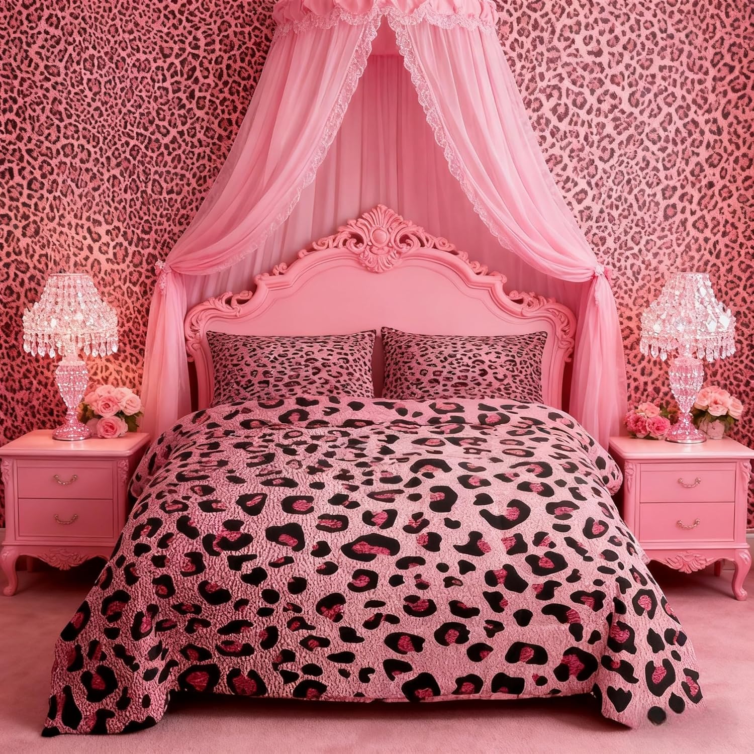 Homewish Pink Leopard Print Comforter Set Twin Size,Cheetah Bedding Set 2pcs for Kids Teens Girls Adults Room Decor,Wild Animal Skin Texture Quilt Set Romantic Fashion Duvet Insert with 1 Pillowcase