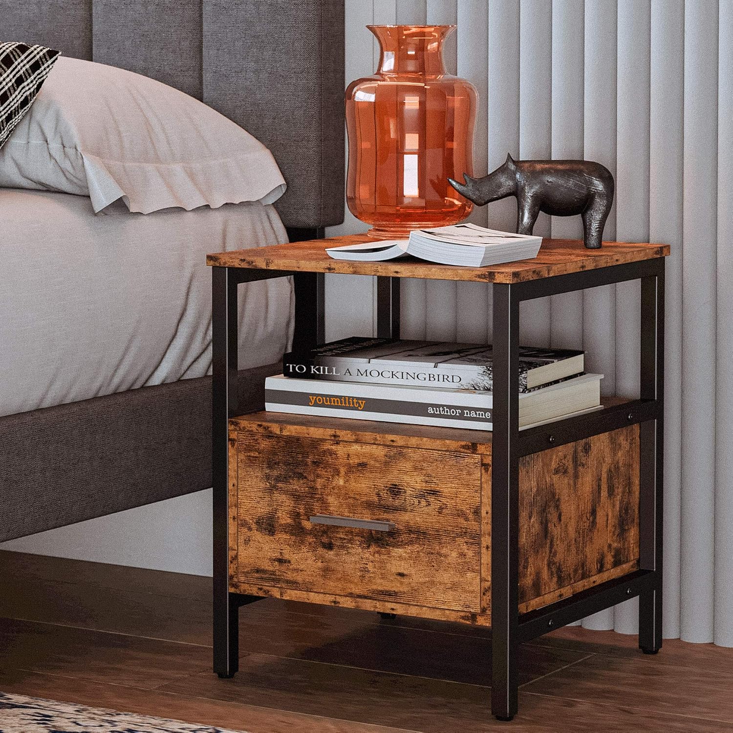 IRONCK End Tables for Living Room, Side Table with with Drawer,Industrial Nightstand Wood Look Accent Home Furniture, Thicker MDF Board with Frame, Vintage Brown