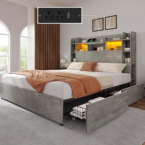 Miniatura 13 de YITAHOME Base de cama tamaño Queen con cabecera de estantería y 4 cajones de almacenamiento, marco de cama LED RGB con estación de carga tipo C y