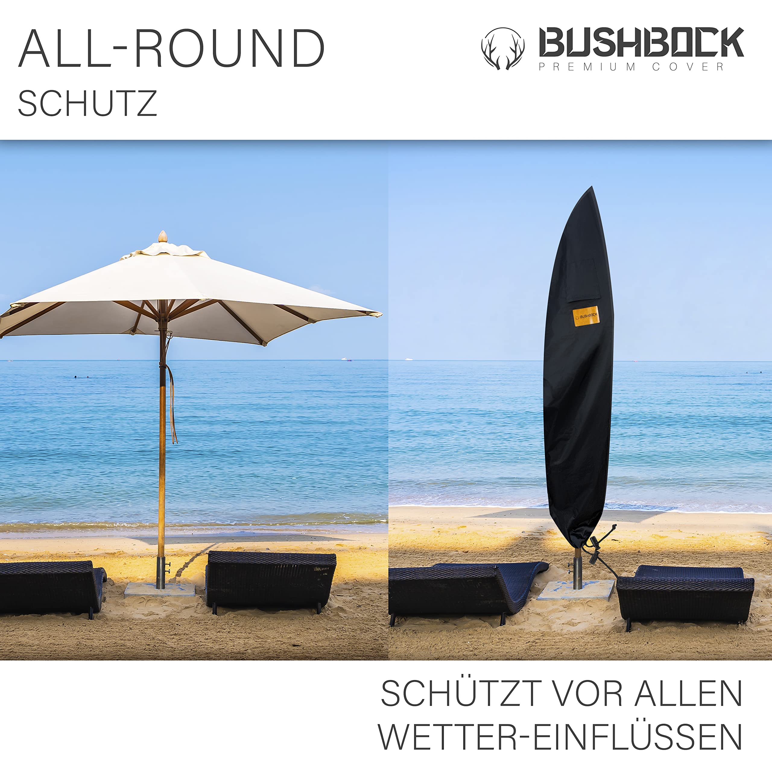 BUSHBOCK® Premium pokrowiec na parasol przeciwsłoneczny/wiszący – do ok. 400 cm Ø – najlepsza tkanina 600D – ultra wytrzymały z otworami wentylacyjnymi i specjalną powłoką (265 x 40 / 70 / 50 cm)