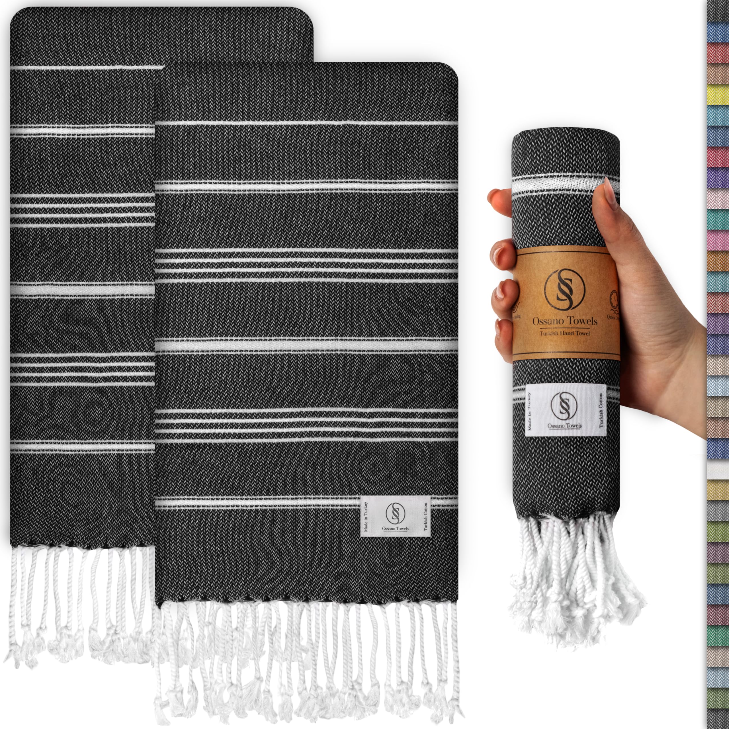 Ossano Towels Classic Sultan Series - Juego de 2 toallas de mano turcas (18 x 40 pulgadas), color negro