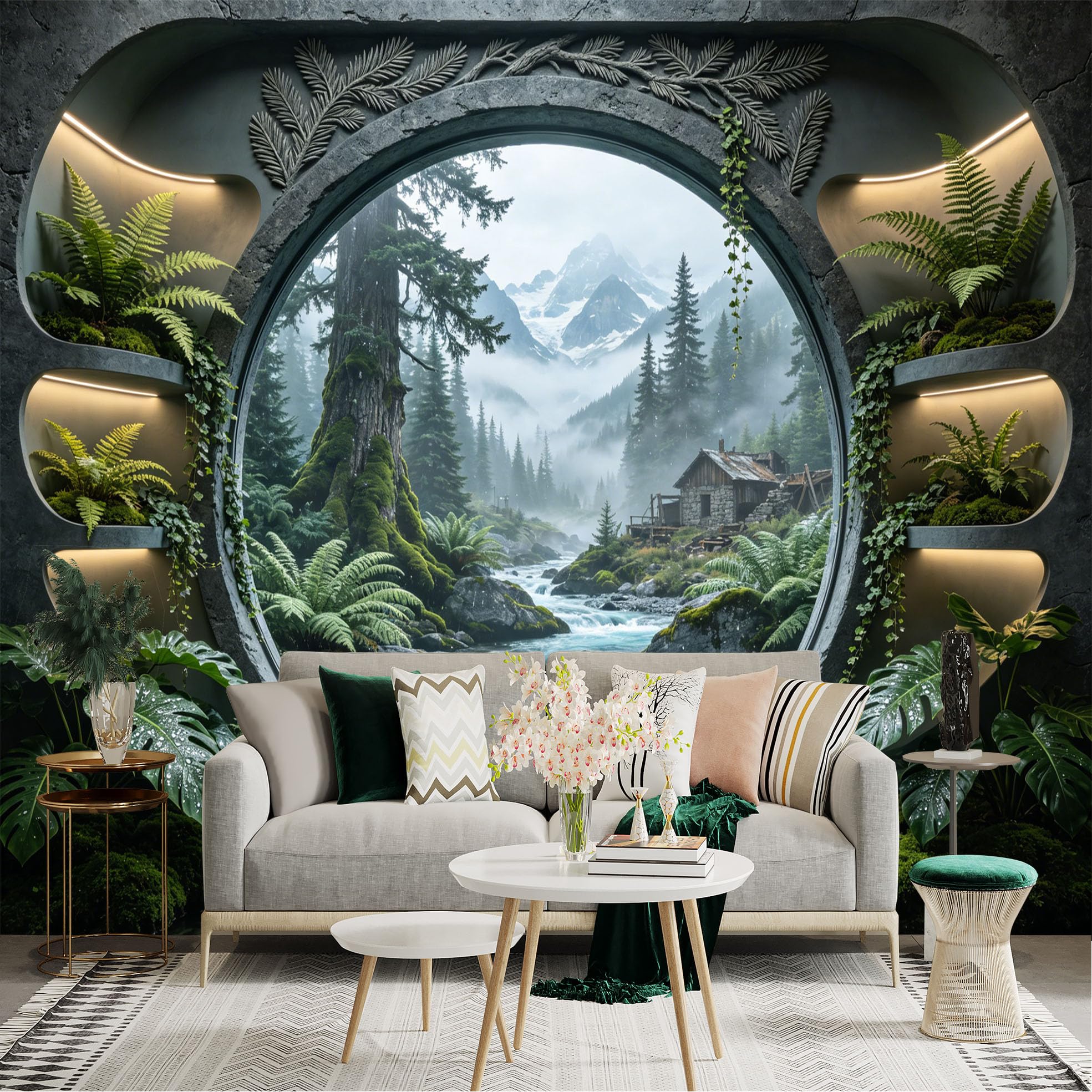 Custom Size Wall Sticker Mural， Forest Stream with Cabin， Mountains and Misty Landscape， for wall Decoration， peelandstick wall Decals.
