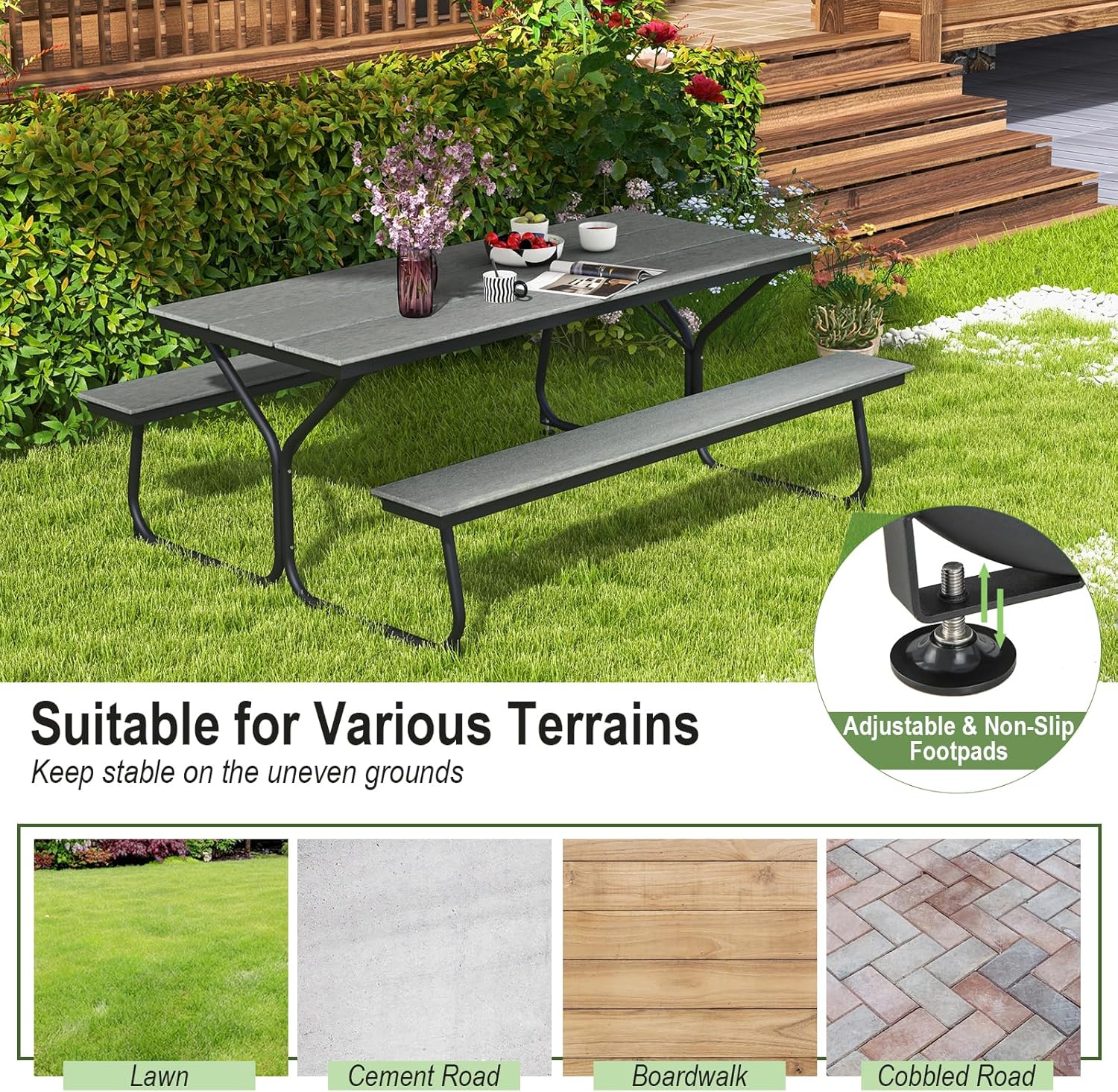 Tangkula 6 Ft HDPE Picnic Table, Plastic Picnic Table with 2 Benches, Umbrella Hole, Heavy-Duty Metal Frame, 8 Adjustable Foot Pads, 6-8 Person Outside Table Bench Set, 2550 lbs Capacity