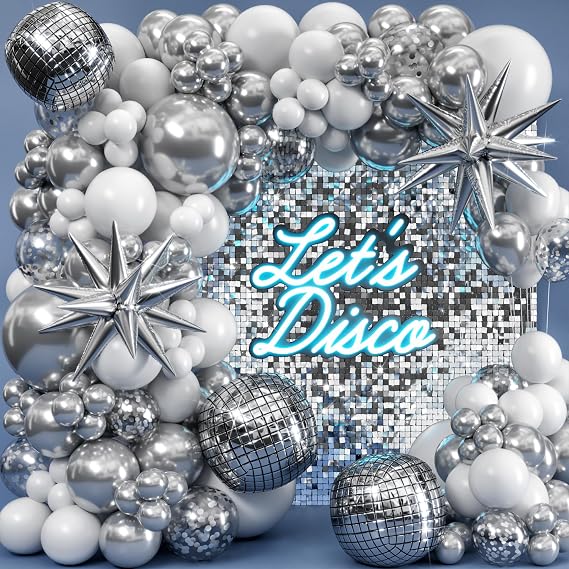 ALL-IN-1 Disco Balloon Arch Kit with BONUS Disco Ball Balloon for Party Decorations - Silver & White Balloons Garland for Disco Ball Party Decoration & Silver Party Decorations -Disco Balloons