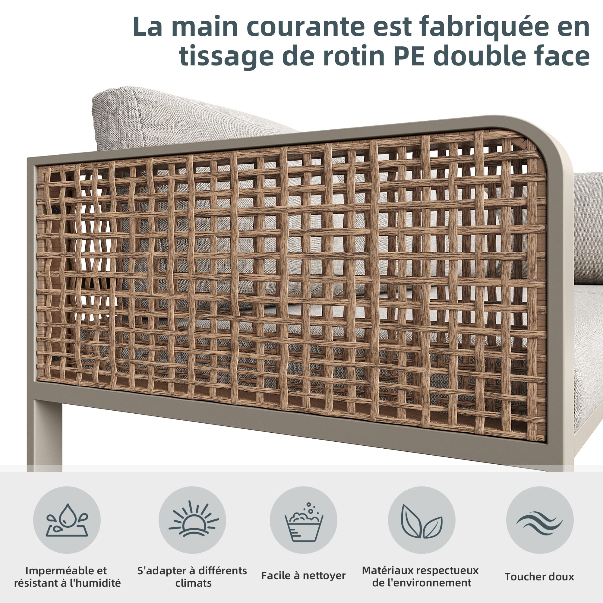 Set divano angolo rattan ferro zincato 120x61x69 cm beige per 6-7 persone