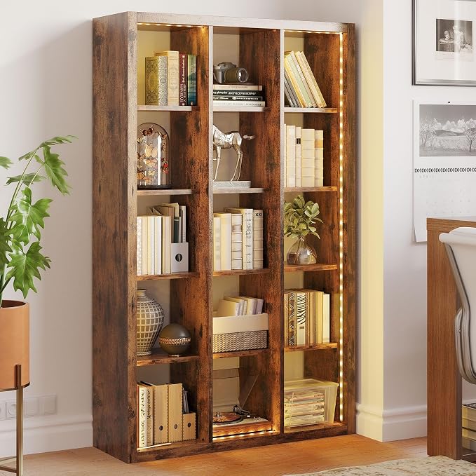IRONCK 15 Cube Bookcase Storage Shelf Organizer with LED Lights, 5 Tier Bookshelves and Bookcases Display Shelves, Horizontally or Vertically Use, Vintage Brown