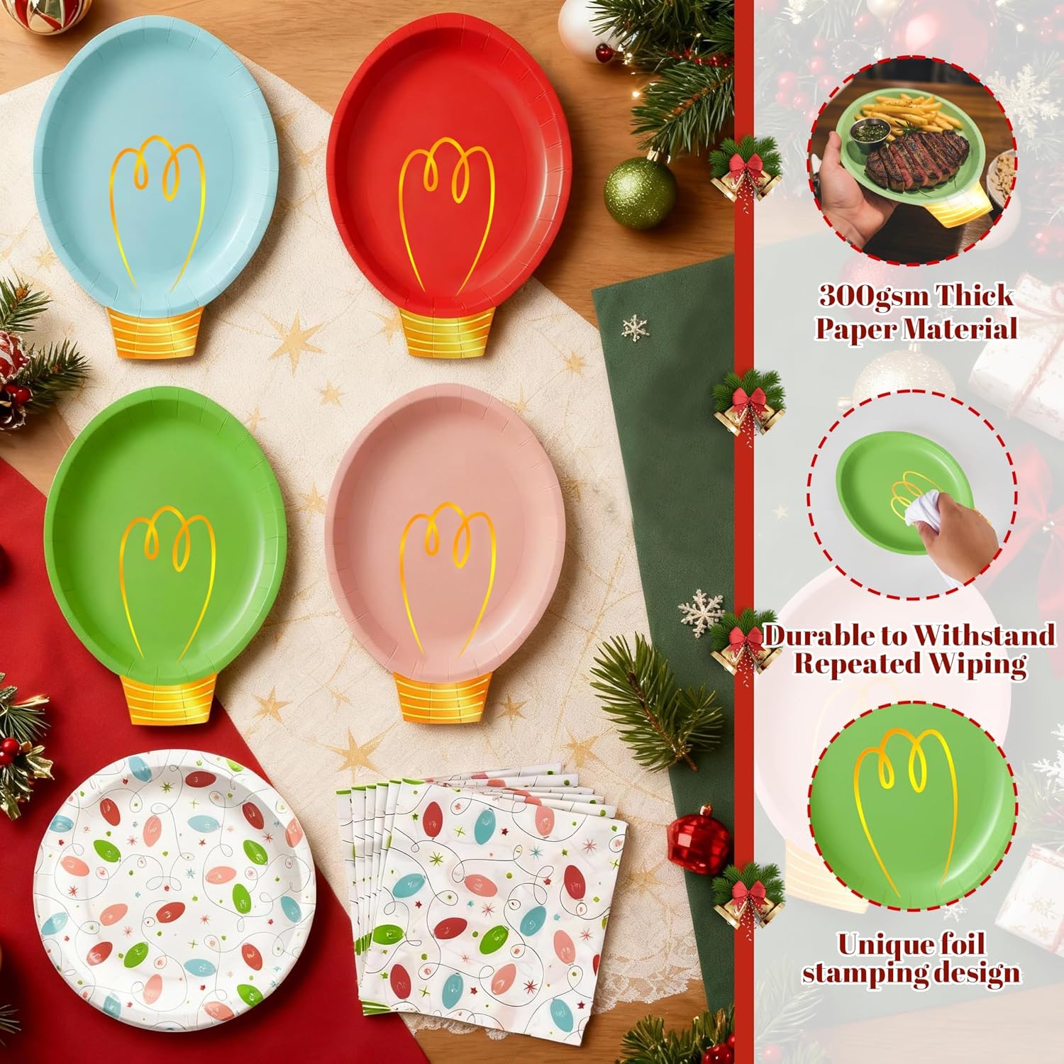 OuMuaMua 150Pcs Christmas Paper Plates and Napkins Set Disposable, Heavy Duty Christmas Light Bulb Design Party Supplies Serve 50, Fancy Disposable Dinnerware Set for Holiday Home Xmas Party Decor