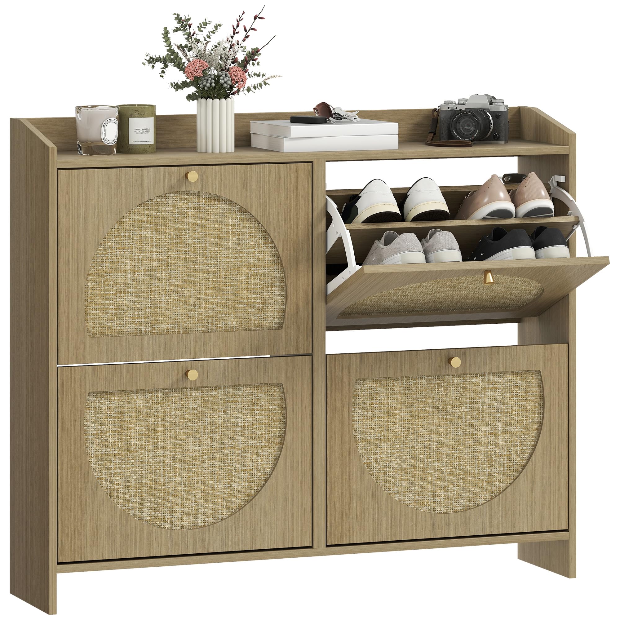 HOMCOM Zapatero Estrecho con 4 Puertas de Ratán 104,5x24x88 cm Natural
