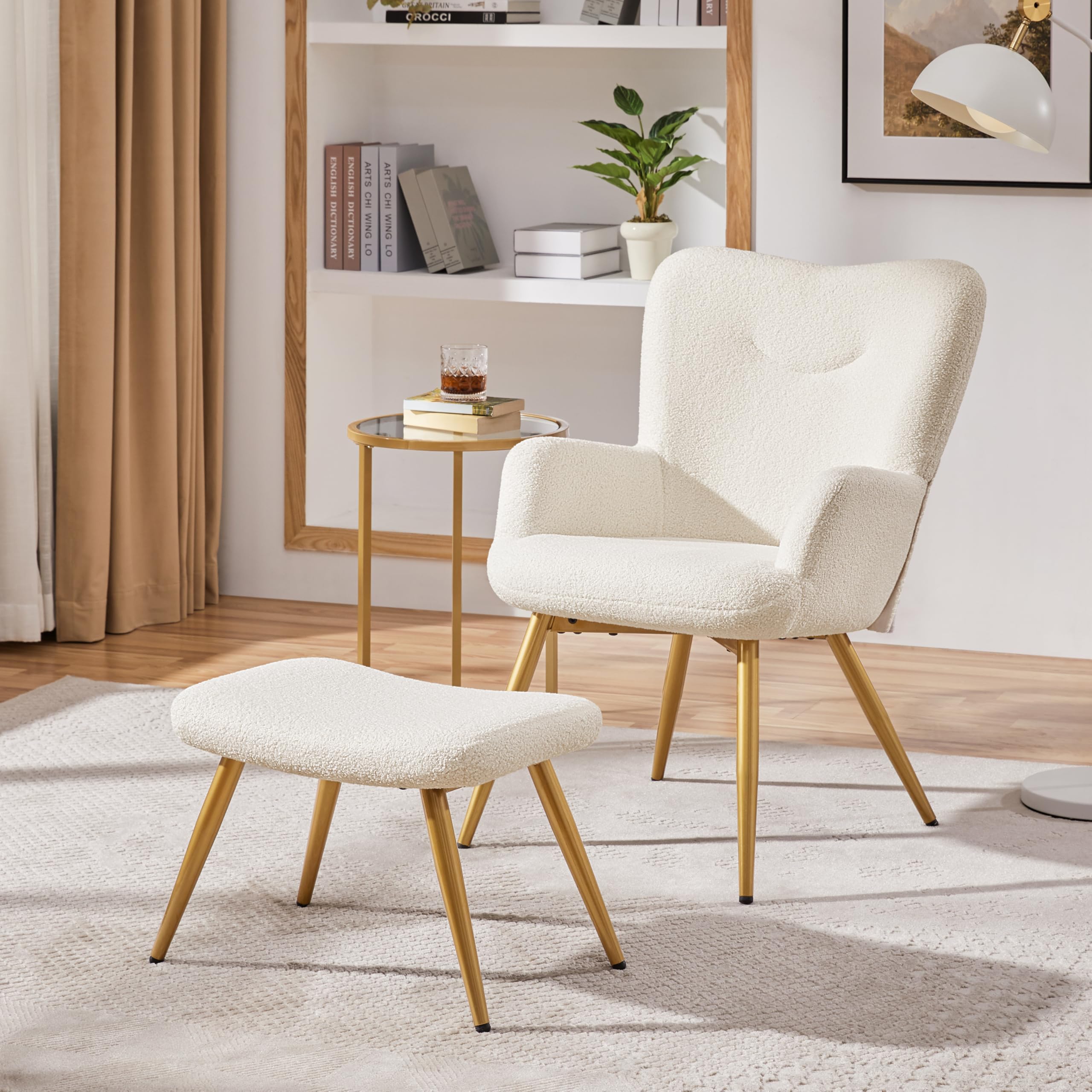 hjh LIVING Lounge stoel met houten poten POOLY Fauteuil, gestoffeerde enkele loungestoel, teddystof Wit