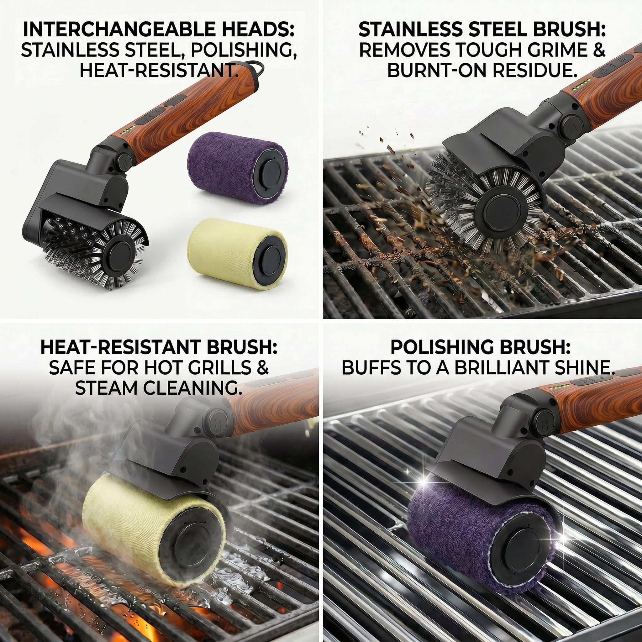 Set de brosse de barbecue électrique 3 en 1 (Revêtement en bois rouge) | Sans fil, rechargeable, imperméable, nettoyant pour barbecue, accessoire de barbecue professionnel