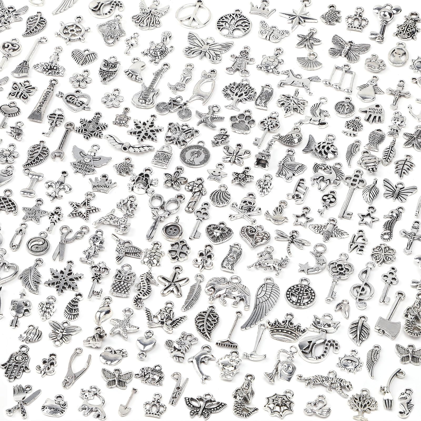 SANNIX 200Pcs Silver Charms for Jewelry Making, Assorted Tibetan Silver Bangle Charm Pendants for Bracelet Necklace Earrings Making Crafts