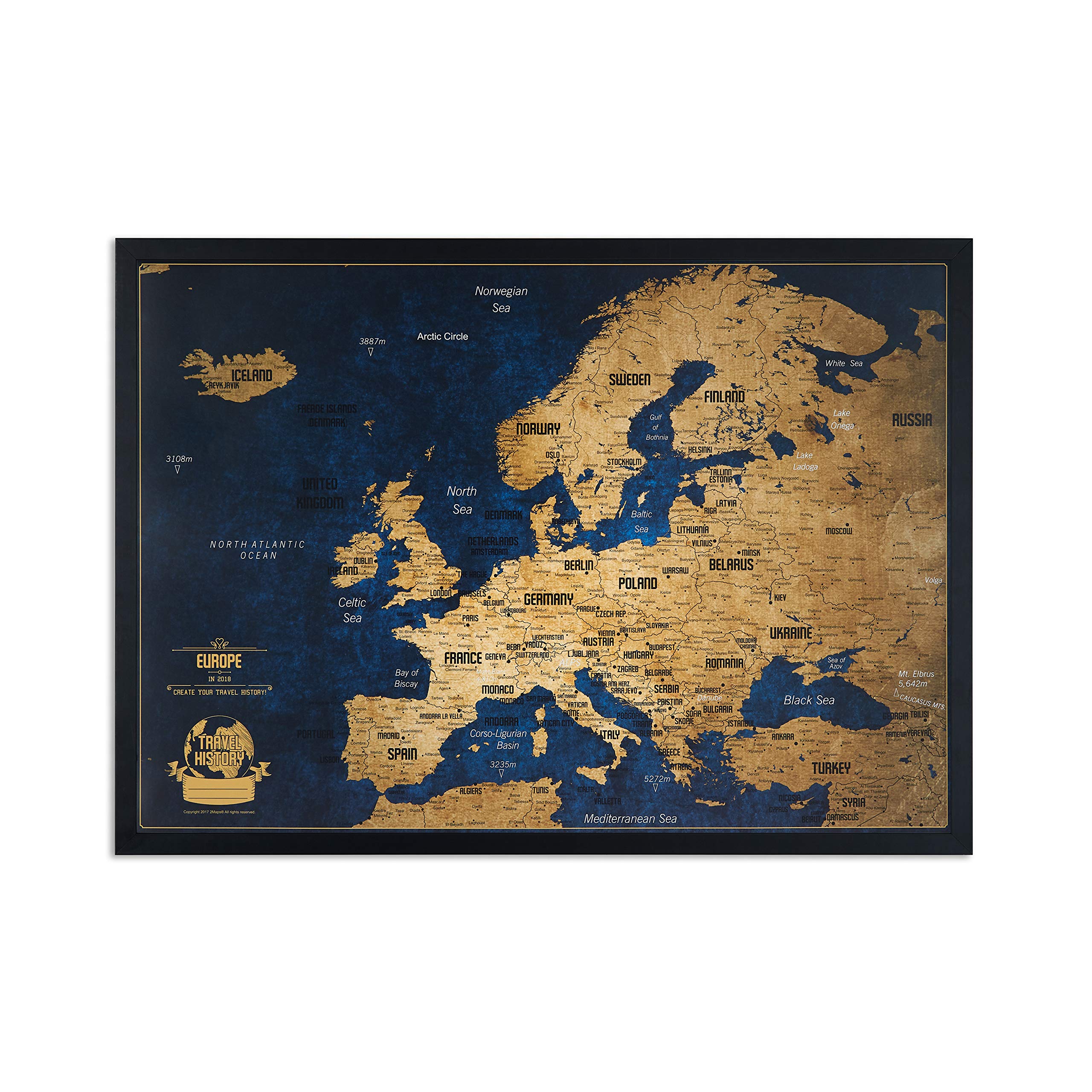 2Maps Europakarte Pinnwand mit farbigen Stecknadeln - Bonus 100 Pins, Abenteuer Karte mit Rahmen, Personalisierte Karten mit Originalfarben, Hergestellt in der EU, 43x3x53 cm, Natürlicher Holzrahmen