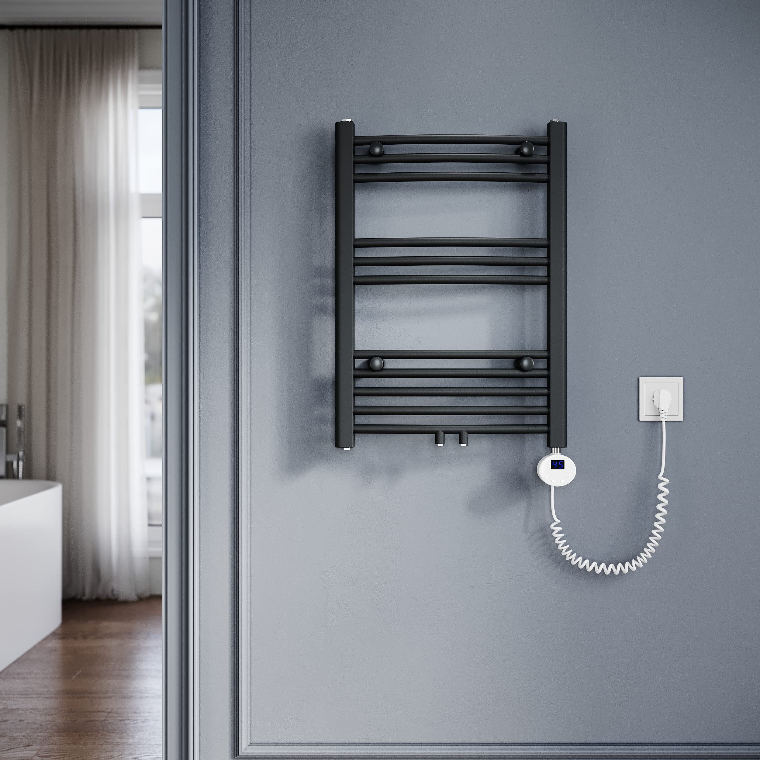 SONNI Scaldasalviette elettrico con termostato, 700 x 500 mm, antracite, curvo, attacco centrale, ovale, scaldasalviette per bagno, riscaldamento, 400 W
