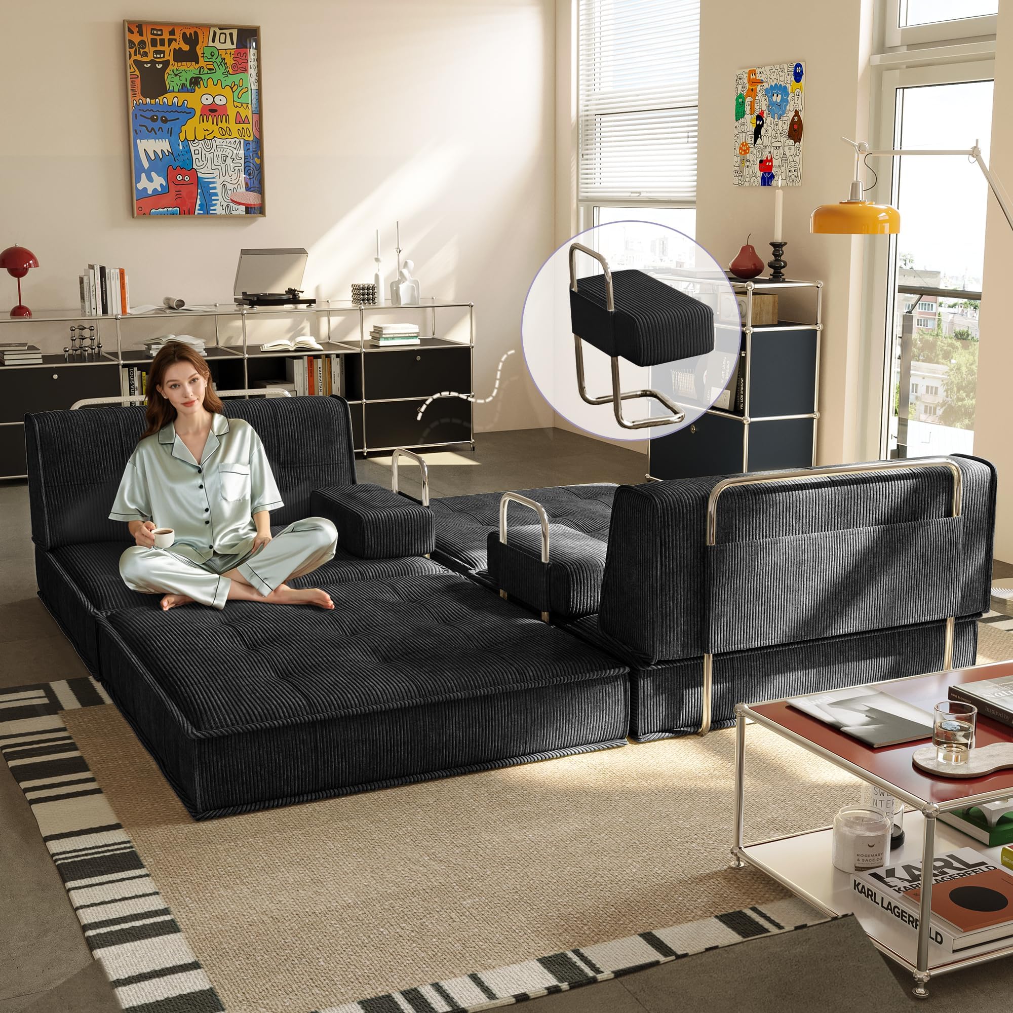 6 in 1 Schlafsofa 160x100cm,Klappbare Matratze 200x160cm mit festem Rahmen, Bequemer Ausklappbarer Futon, 4-Sitzer Gästesofa modularer Loveseat für Wohnzimmer (Schwarz)