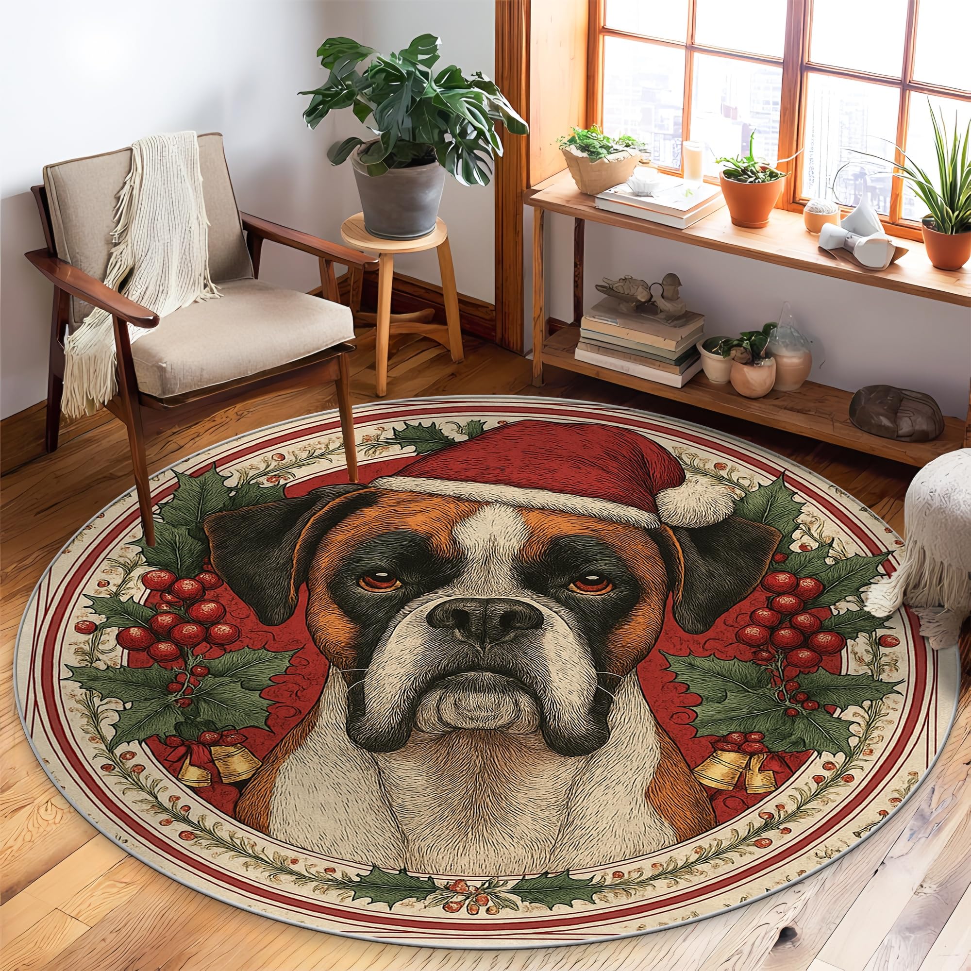Tapis pour chien rond de Noël rouge 1,5x1,5 m à poils courts pour salon