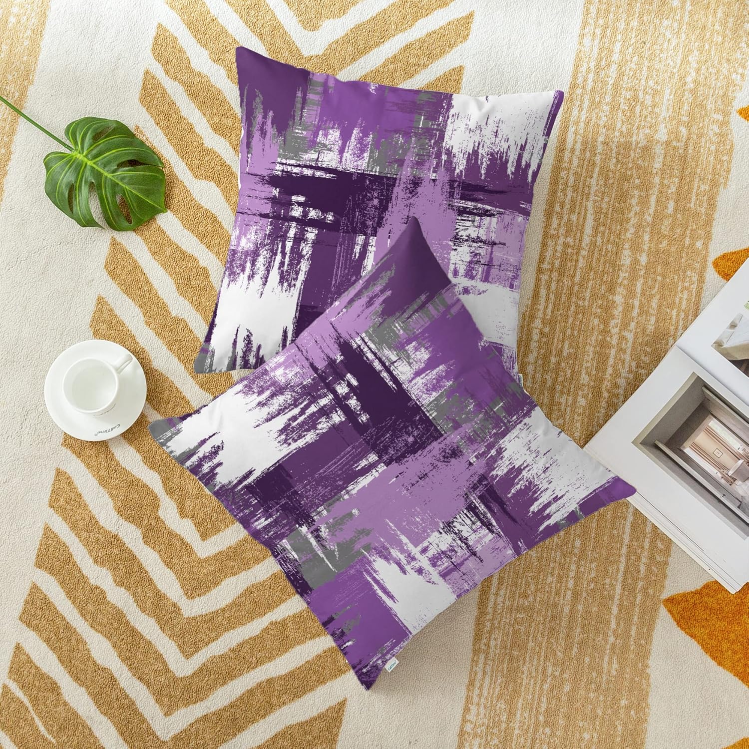 CaliTime Throw Pillow Covers Decorative 18 X 18 Inches Pack of 2 Cozy Fleece Interlaced Watercolor Brush Strokes Cushion Cases for Couch Bed Sofa Farmhouse Decoration Purple - Image 3