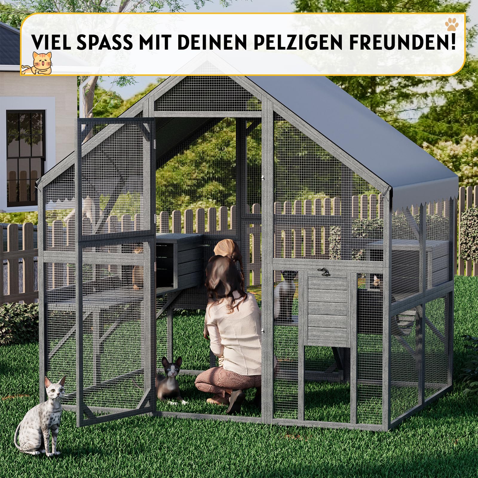 Katzengehege aus Holz für Draußen,186 x 140 x 188 cm | mit Wasserdichtem Dach,Brücken und Kleine Katzenhäuser,Kompatibel mit Wandtierklappe