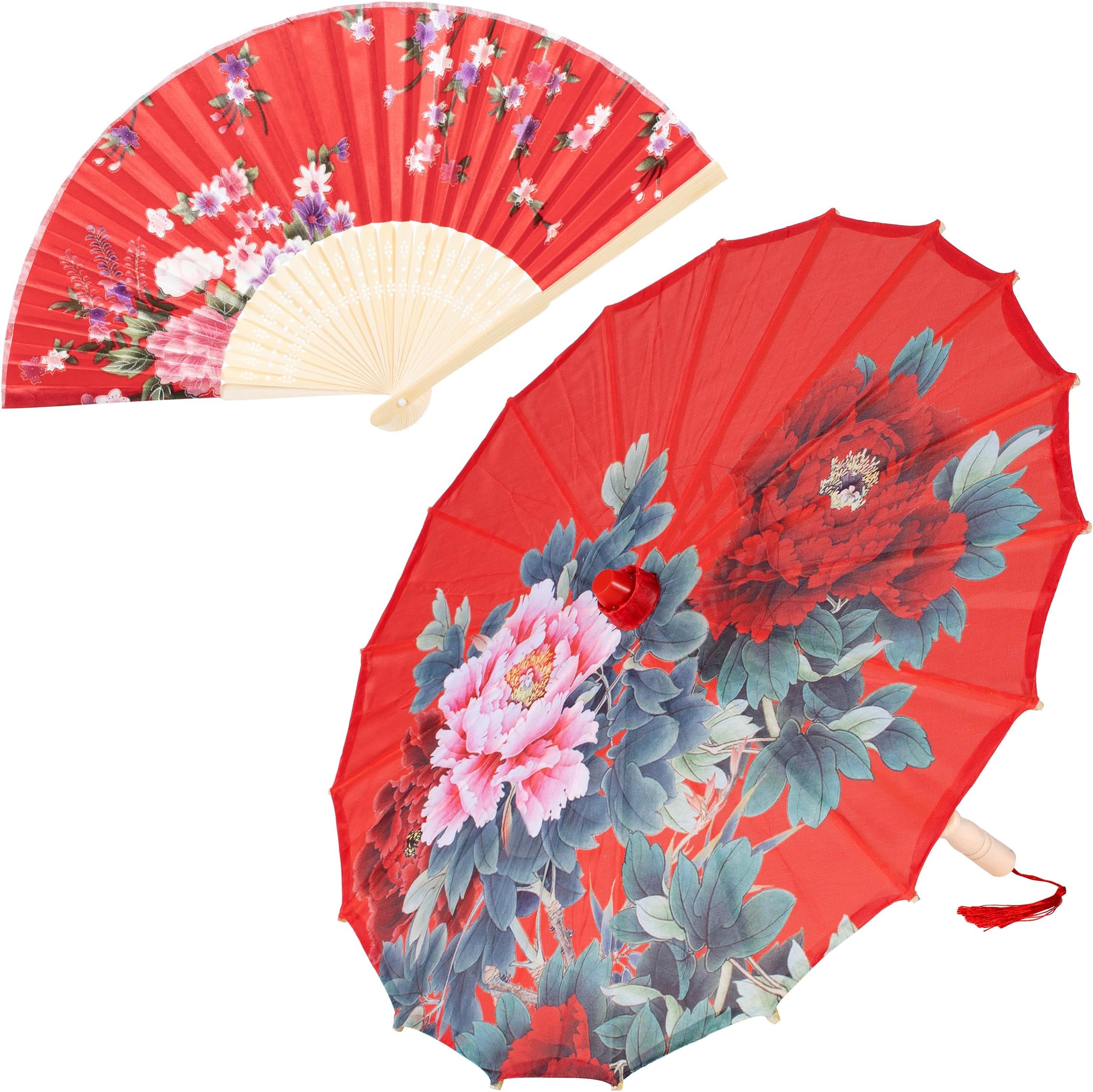 Handmade Japanese Oriental Parasol Dance Umbrella 22" with Hand Held Silk Fan for Kids (Red), red