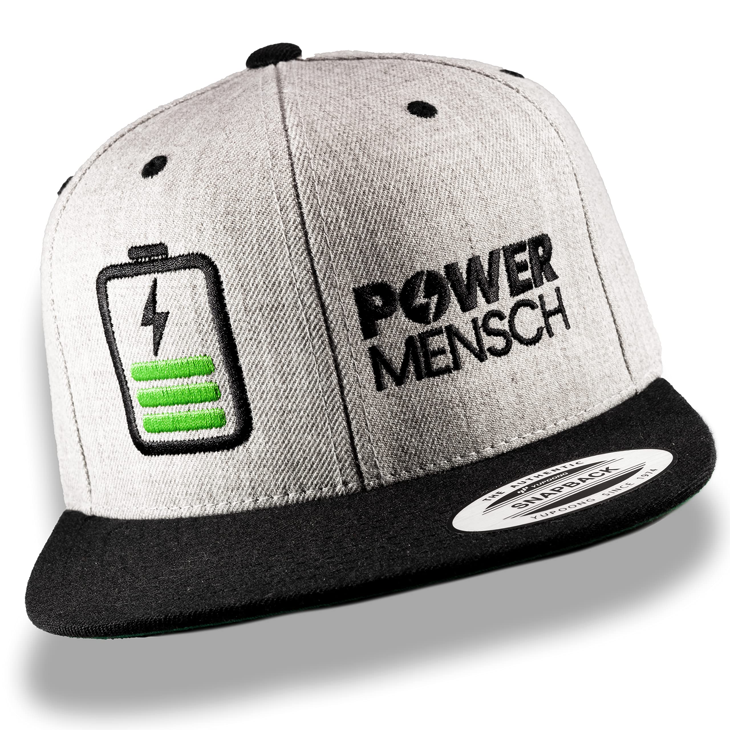 Ride with Style! POWERMENSCH Snapback Cap grau schwarz | Basecap Baseball in Top Qualität | universell größenverstellbar in Unisex One Size | Rennrad Mountainbike Gravel | positiv Vibes