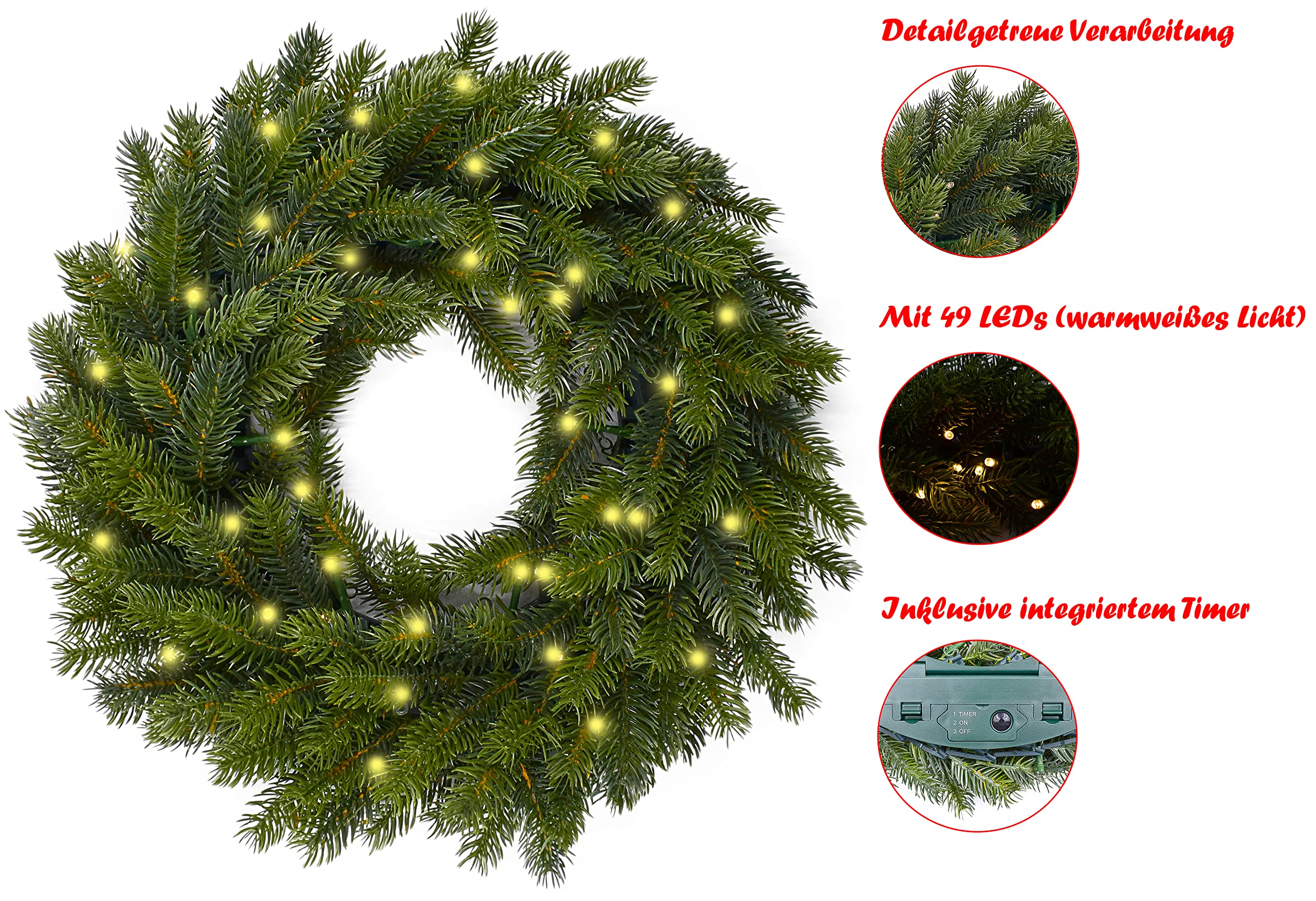 Türkranz mit Beleuchtung Ø40cm-49 LEDs-Klassischer Beleuchtet-Adventskranz, Künstlicher Weihnachtskranz, Hängekranz, Weihnachten für Innen und Außen-Batteriebetrieben, Grün