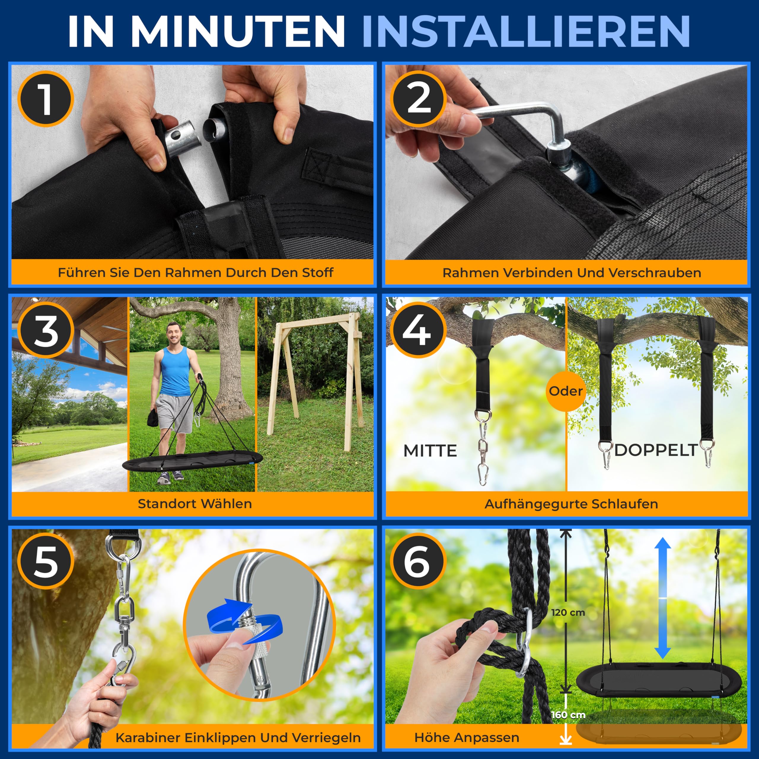 SereneLife Nestschaukel Indoor Outdoor, 170 cm Kinder Schaukel, bis 320 kg belastbar, ovale Baumschaukel mit Kissen für Garten, Kinder & Erwachsene, Schwarz