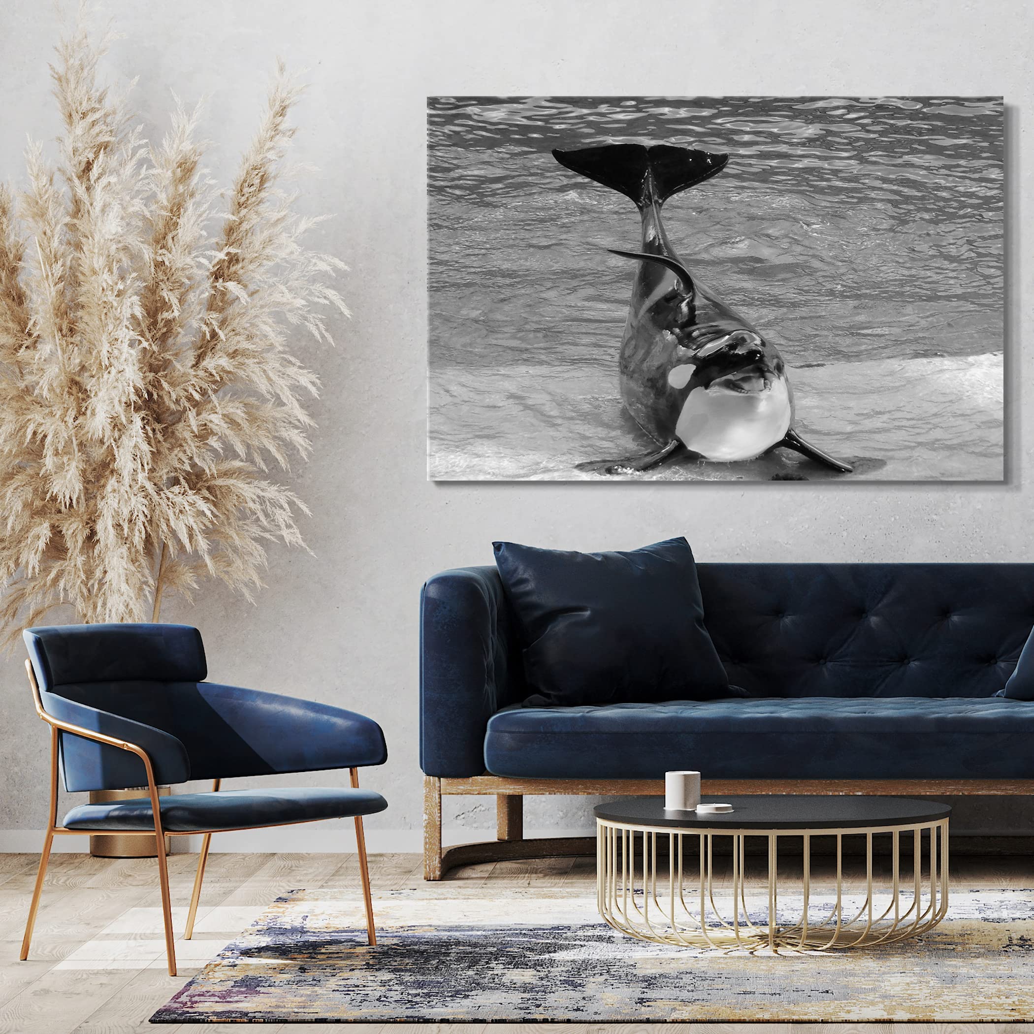 Printistico Stampa su Tela (120x80 cm) Orca assassina, mare sottomarino, sorriso dolce, bianco e nero, foto di animali, fotografia naturalistica, telaio in vero legno con gancio