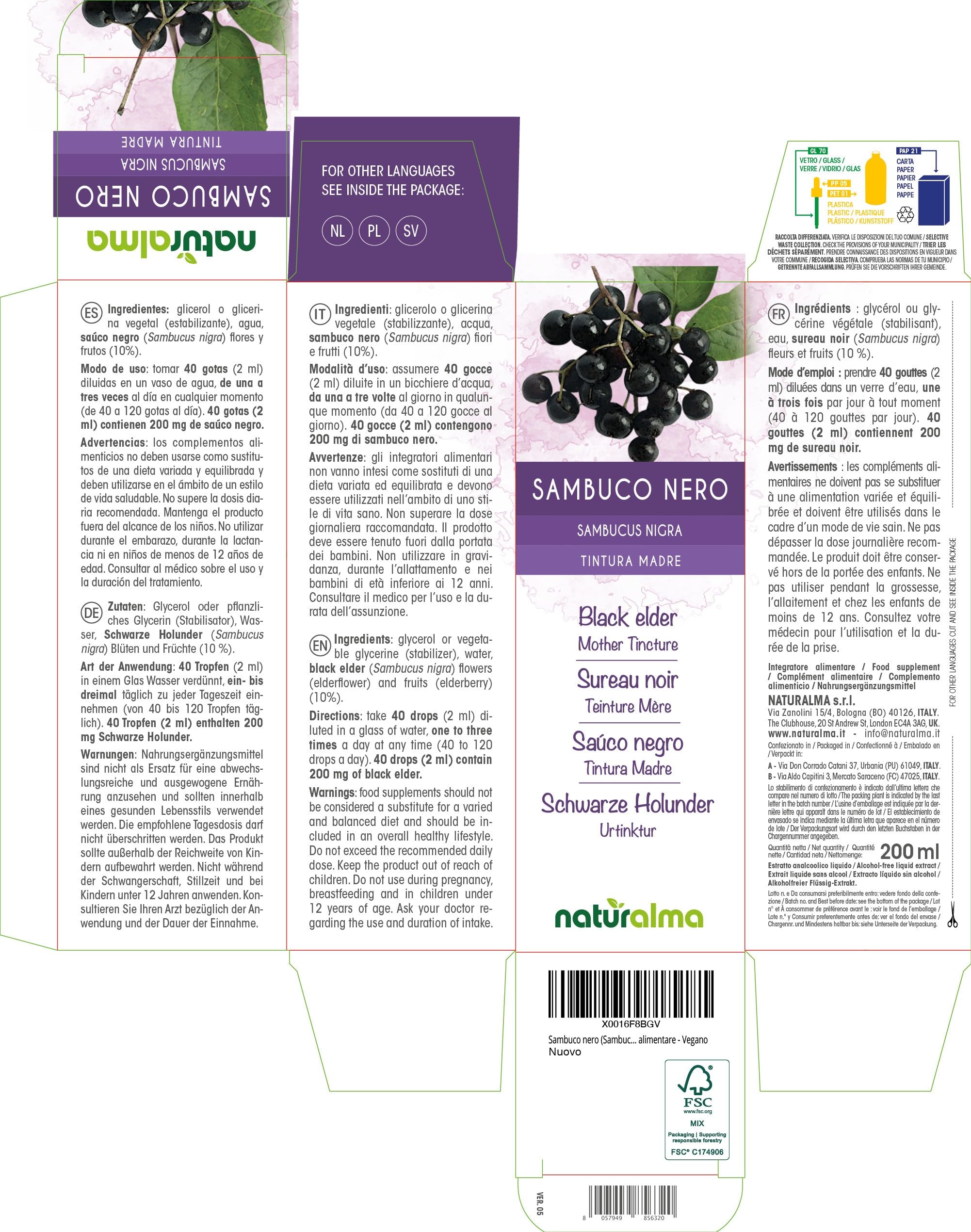 Schwarze Holunder (Sambucus nigra) Blüten und Früchte Alkoholfreier Urtinktur Naturalma - Flüssig-Extrakt Tropfen 200 ml - Nahrungsergänzungsmittel - Veganer
