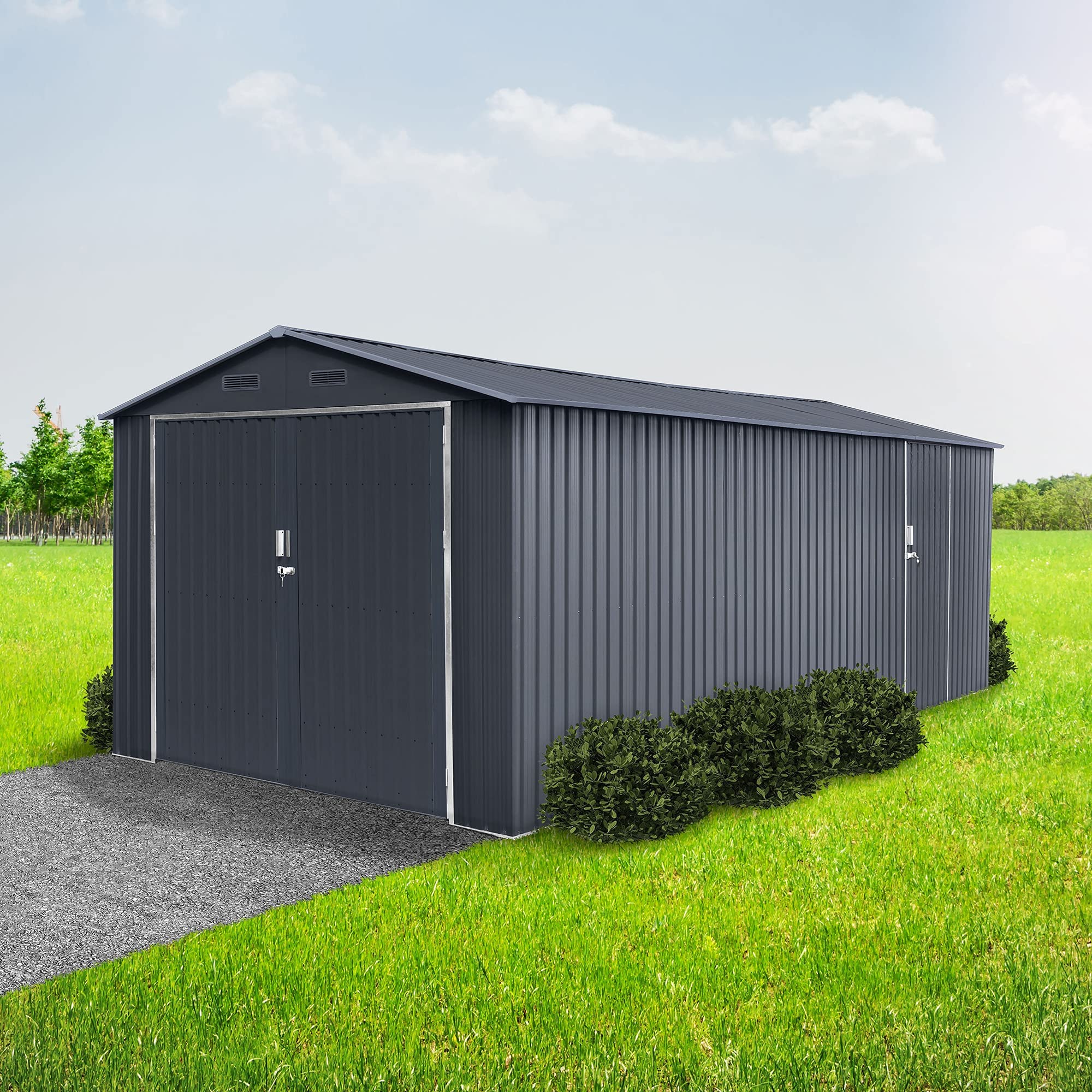 Garaje Metalico Tonsberg 18m2 – 602x300x232cm – Resguardo Exterior para Coche - Cierre de Seguridad con Llave - 4 Rejillas Anticondensación - Puerta Amplia - Cochera Cobertizo Jardín Almacenaje
