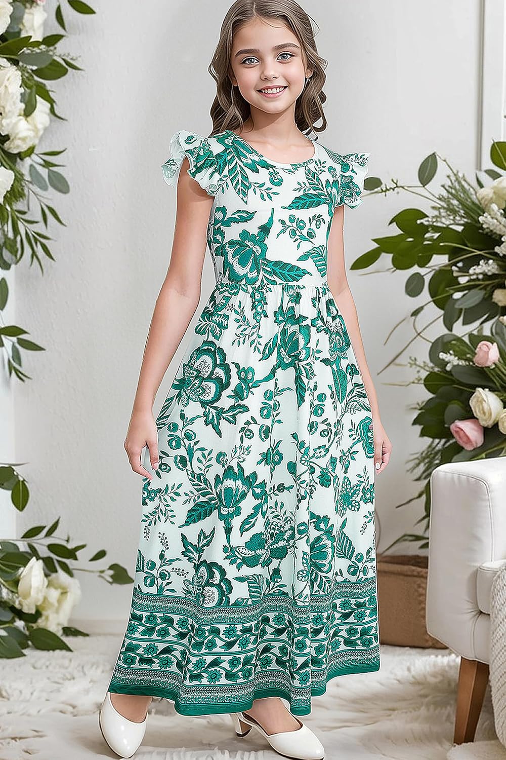 Girl's Dress Summer Boho Floral Flutter Sleeve Party Casual A Line Vacation Maxi Dress 9-14 Years - Image 3