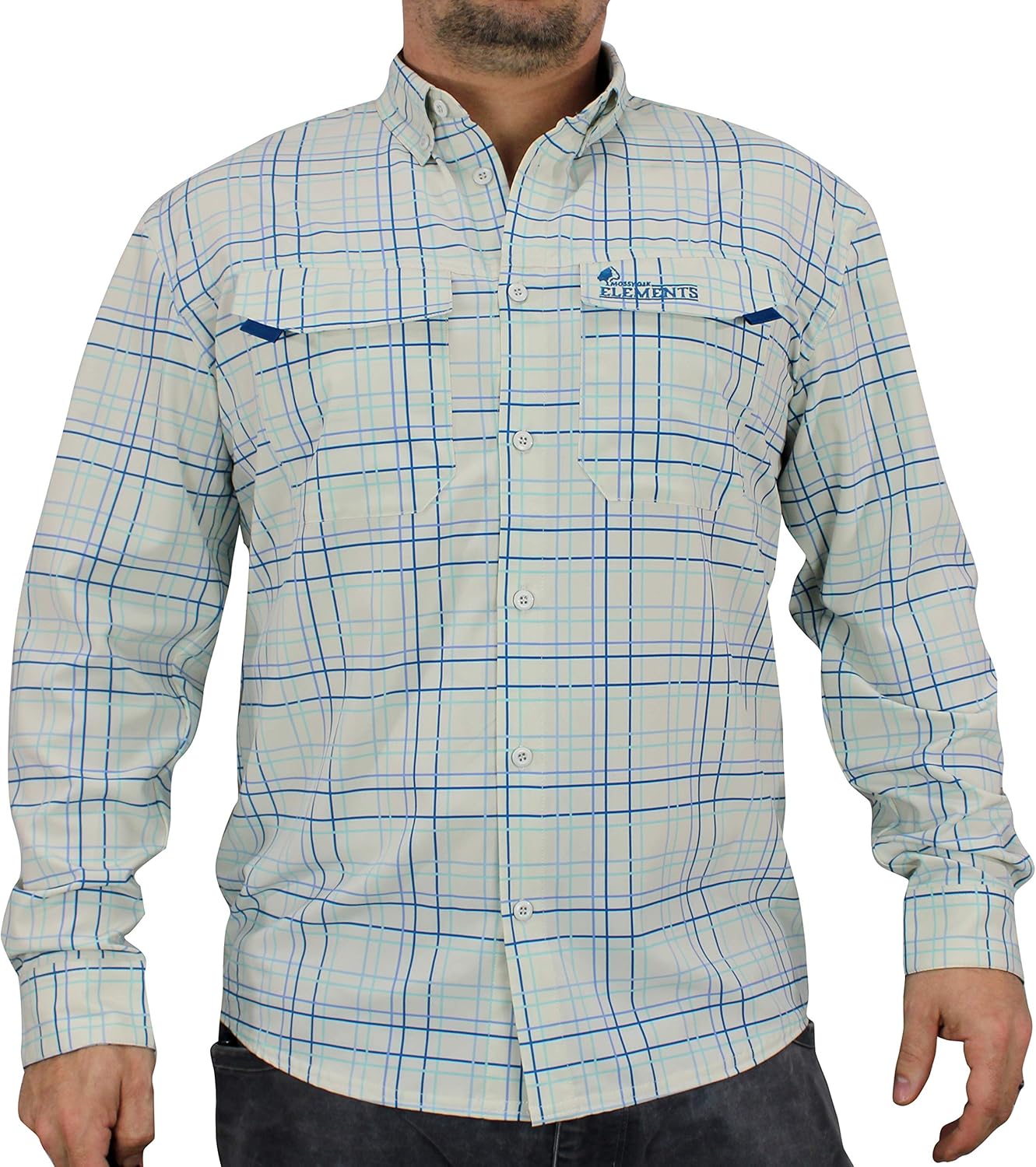 Elements Long Sleeve Button Down Coolcore Fishing Shirt (Medium, Blue Striped)