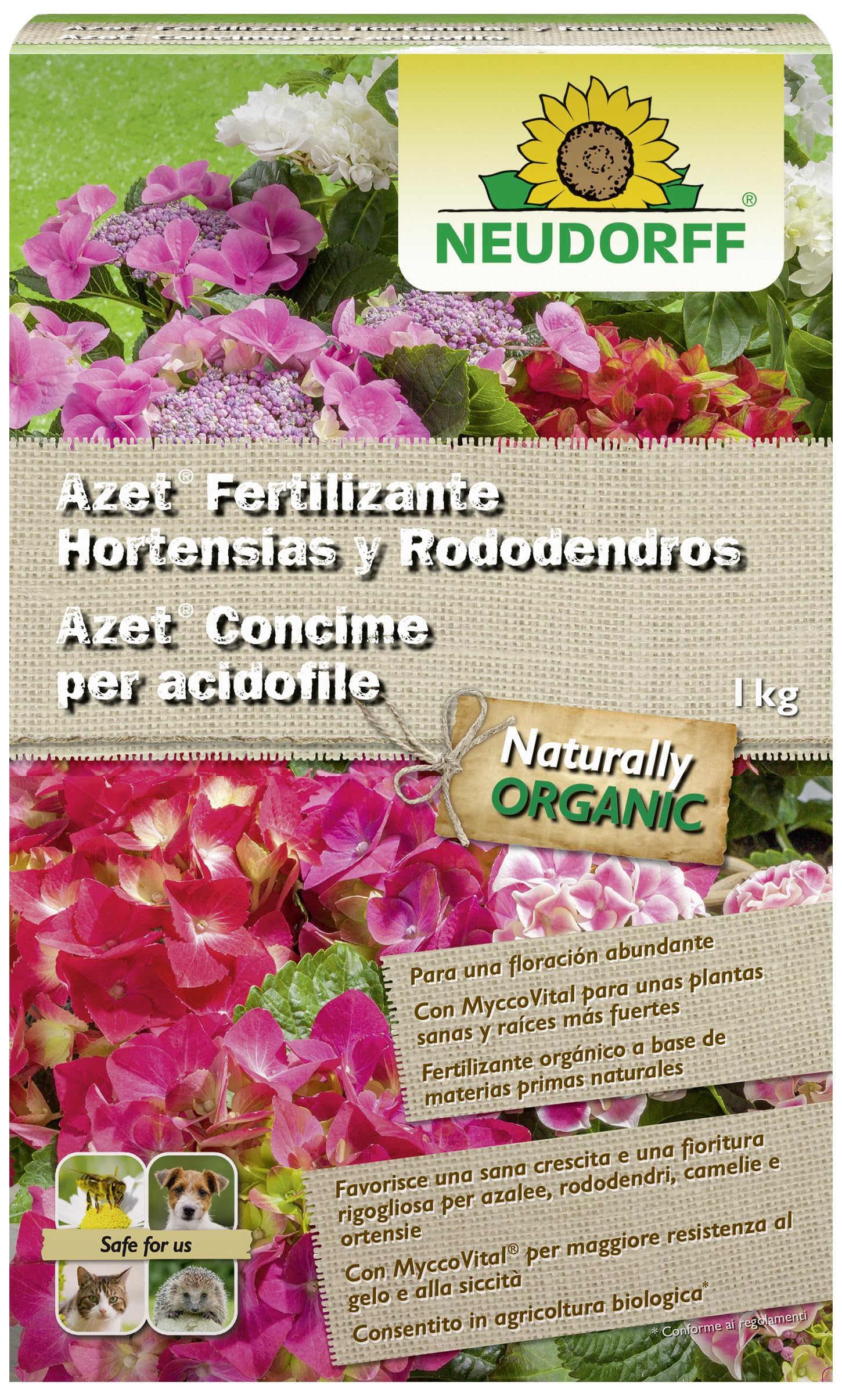 Neudorff Azet Fertilizante Hortensias y Rododendros – Fertilizante orgánico de liberación lenta para un crecimiento y una floración exuberantes, 1 kg