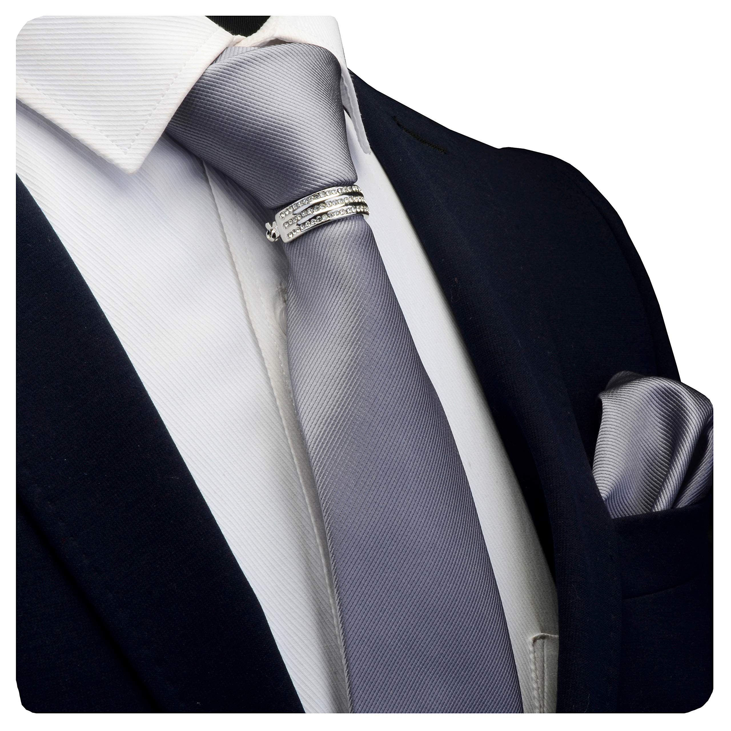 Gusleson Brand Charcoal Solid Gray Business Ties Neckties and Pocket Square Clasp Pin Sets For Men (UK0799-05-S)