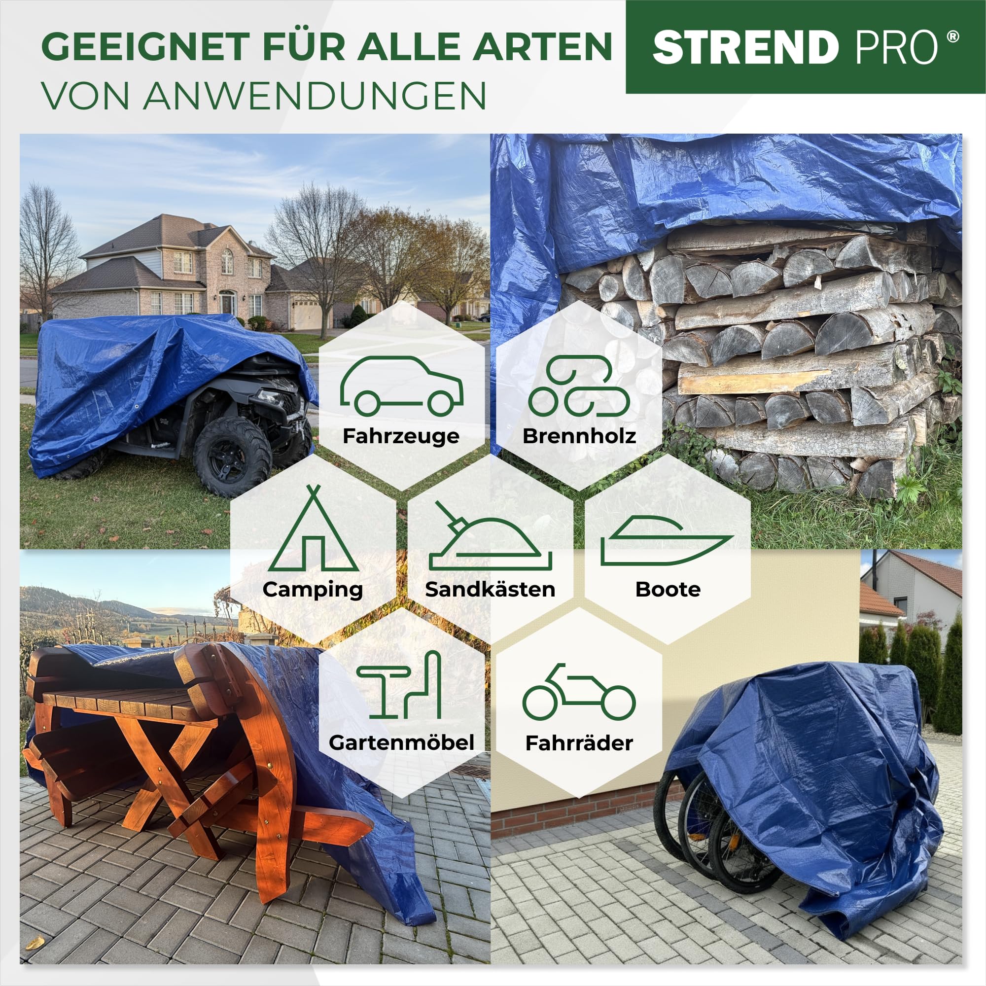 STREND PRO Abdeckplane 8x12 – Wasserdicht mit Ösen | Outdoor Gewebeplane Bauplane 65g/m² | Regenplane grün 8x12m| UV-beständig | Holzplane für Gartenmöbel, Zelt, Camping | Abdeckung Plane