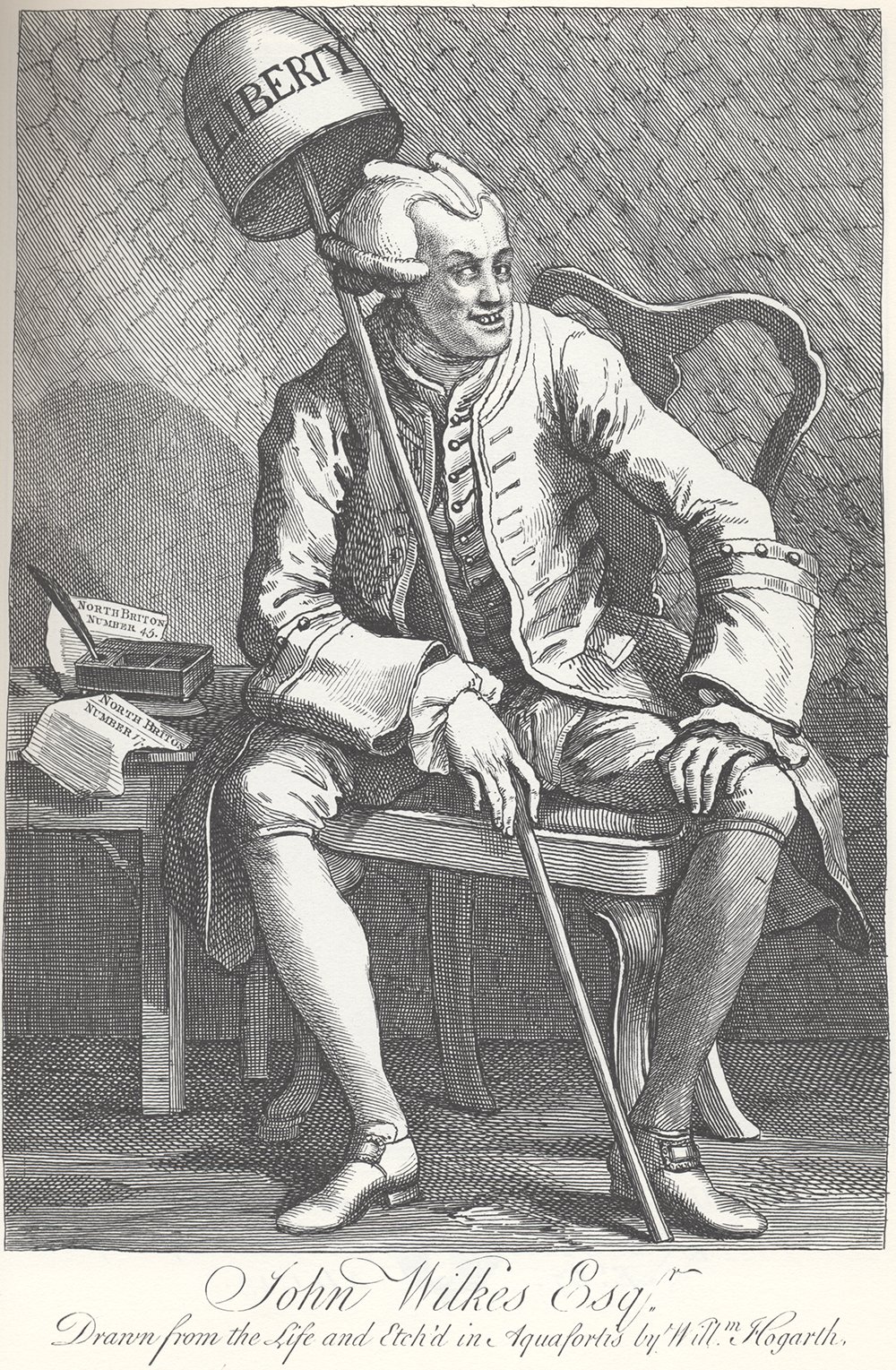 Grabado de William Hogarth John Wilkes Esq enmarcado en marrón mate mediano