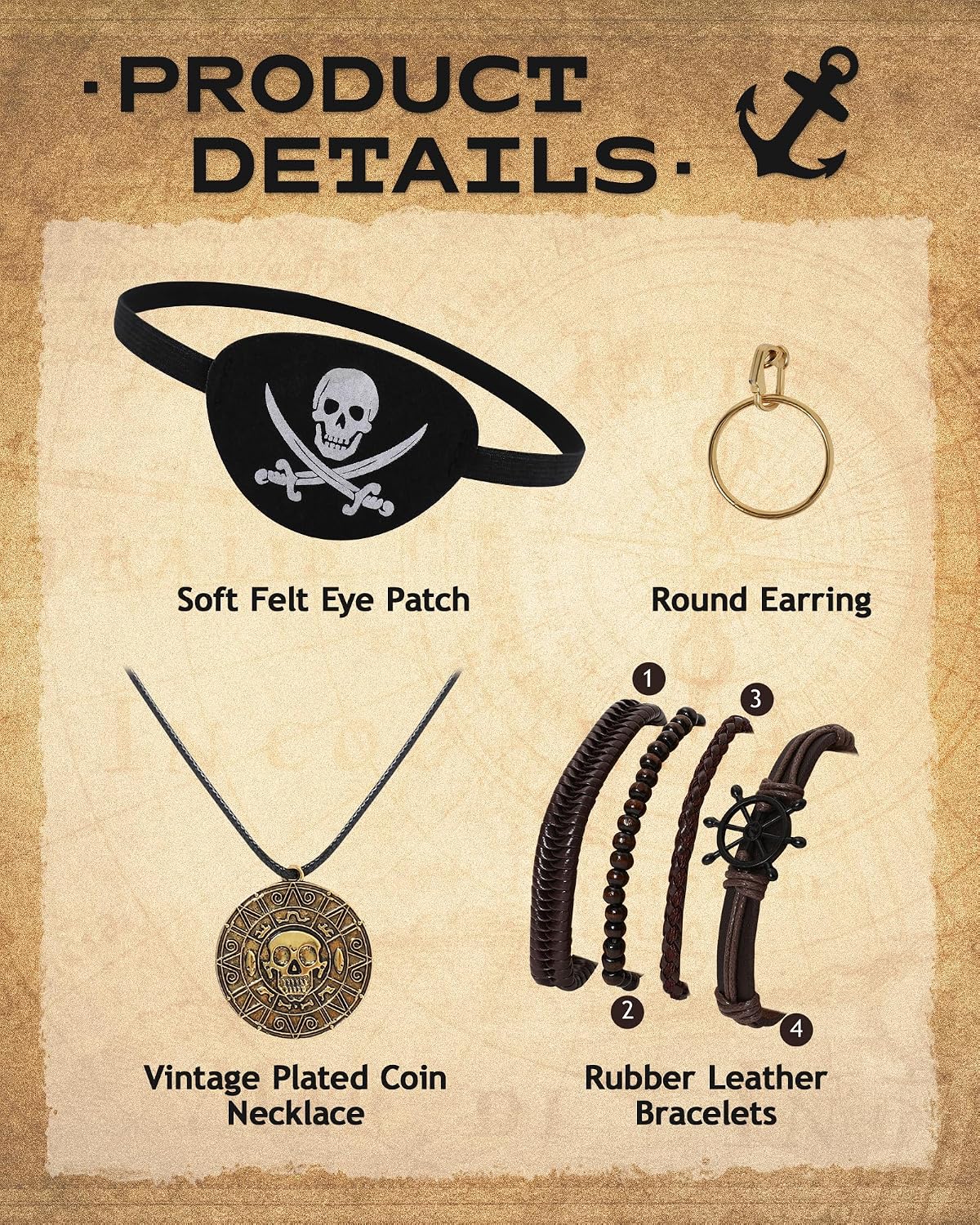 Pirate Hat Pirate Costume Accessories Set for Men Women Tricorn Hat