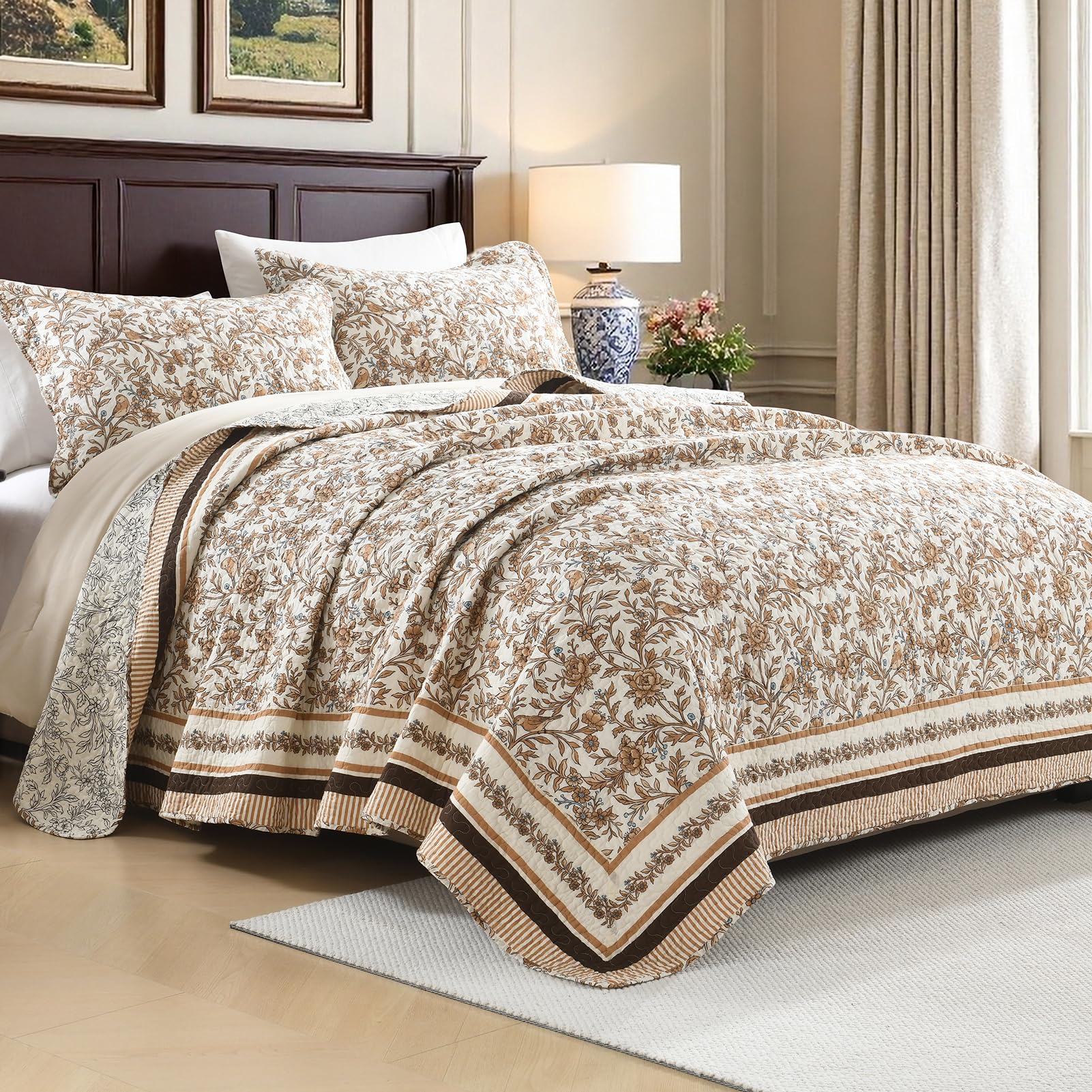 FineStichery King Size Quilt Set 3 Piece, 100% Cotton Quilt, Farmhouse Botanical Bird Print Reversible Bedding Set, Soft Quilted Bedspread Thin