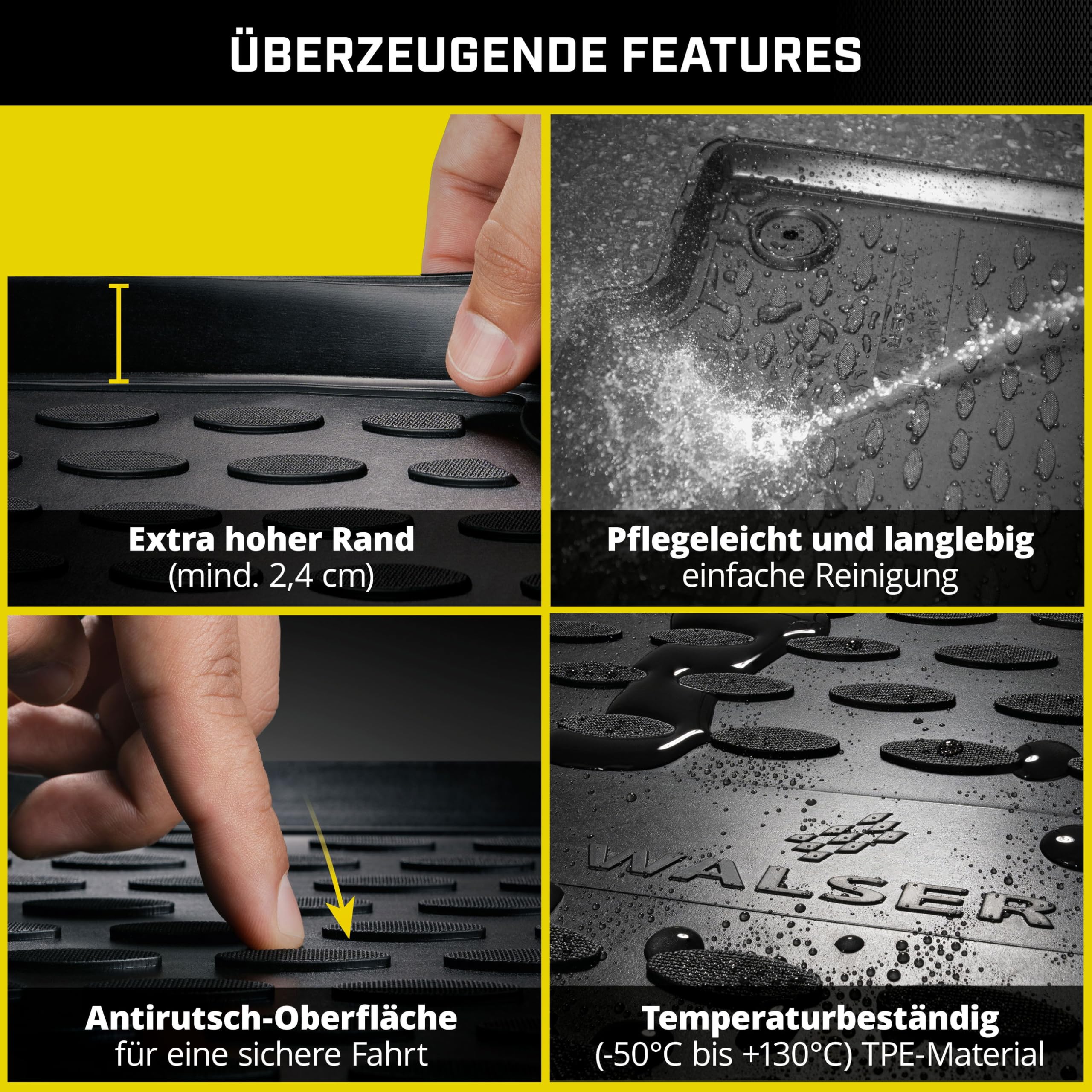 WALSER XTR Gummi Fussmatten Auto für Tesla Model 3 (5YJ3) 2017-Heute, 100% passgenaue Auto Fußmatten, robuste Universal Fußmatte Auto, Gummimatten Auto, Auto Fussmatten Gummi