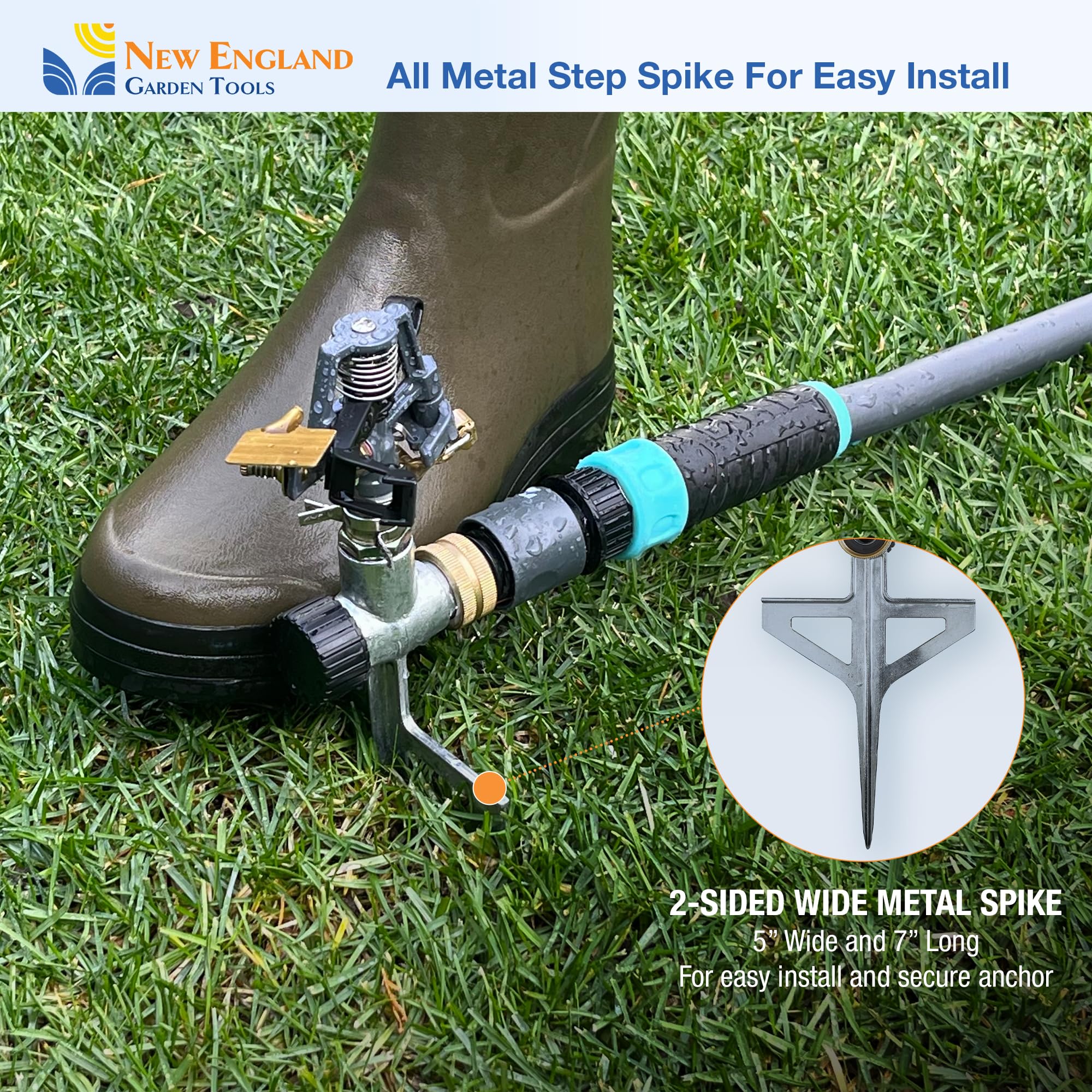 Aspersor de impacto pulsante para césped 300009, de servicio medio en estaca grande, ajustable a 360 grados New England Garden Tools
