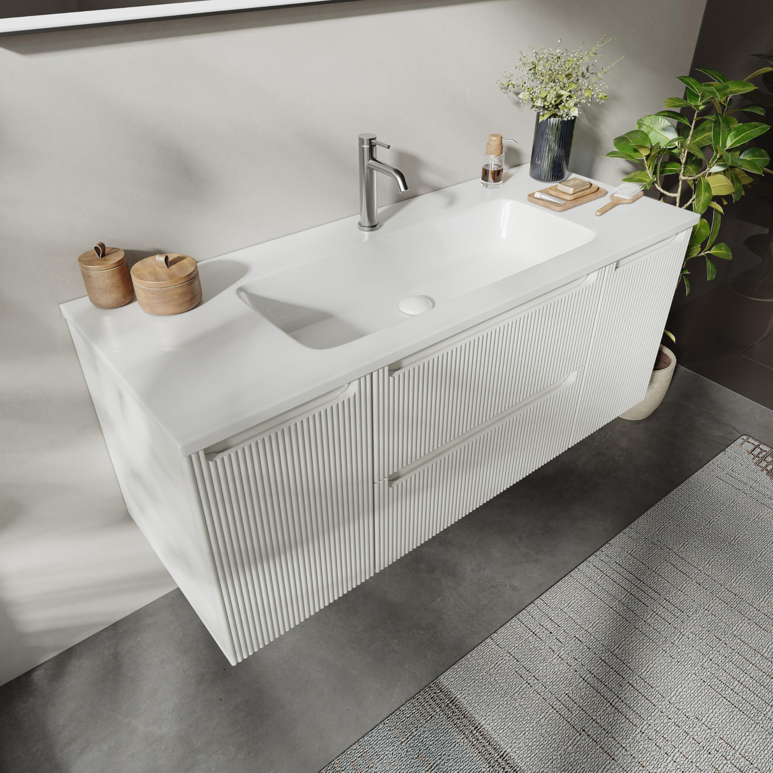 Mobile lavabo sospeso 120 cm con lavabo in resina minerale, 2 cassetti e 2 ante, ultrasottile con chiusura ammortizzata, frontale scanalato, per bagno grande, Bianco Opaco