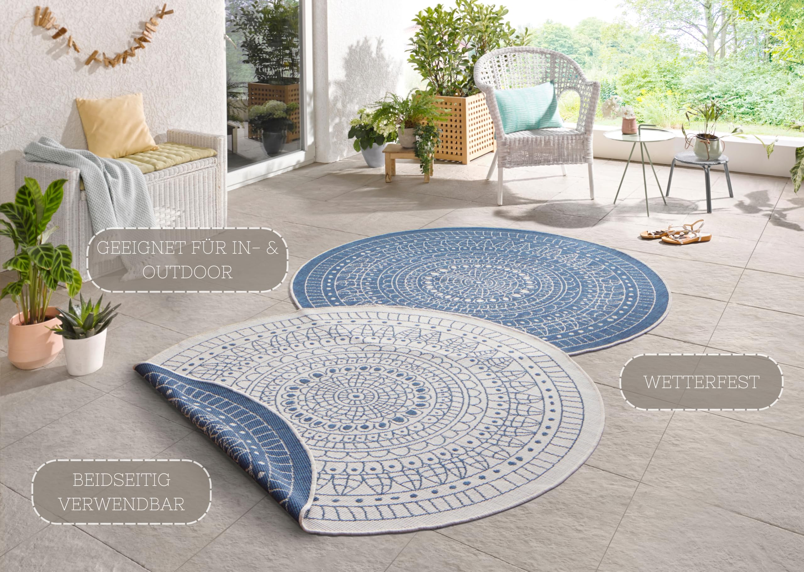 NORTHRUGS Porto Vloerkleed voor binnen en buiten, rond, omkeerbaar, waterdicht, mandala-design, plat weefsel, weerbestendig, voor balkon, terras, tuin, woonkamer, in terra-crème, diameter 240 cm