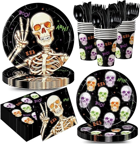 168pcs Halloween Plates Napkins Skeleton Plates Halloween Party Supplies