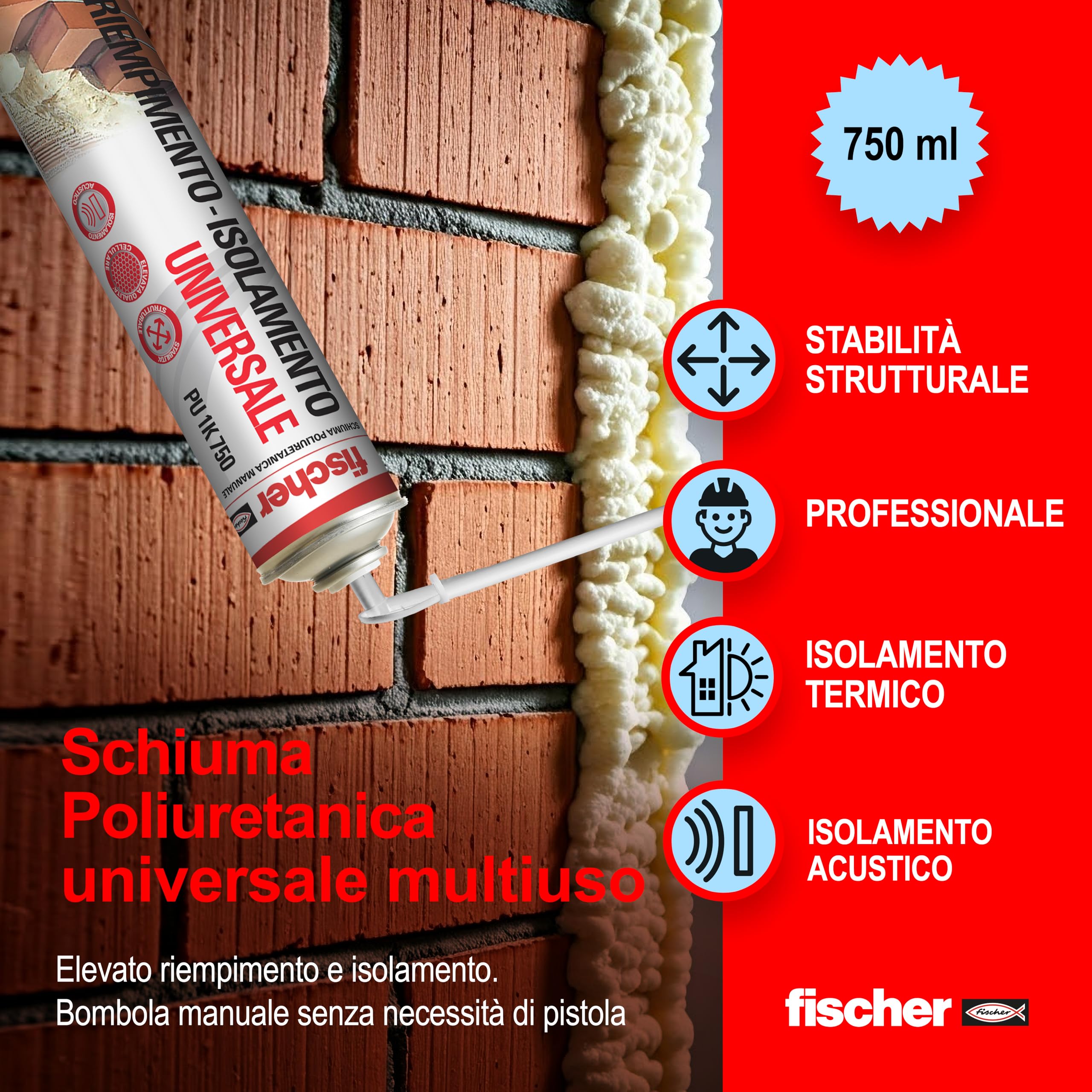Fischer Bi-Pack Schiuma Poliuretanica Universale Espansa PU 1K in Imballo Protettivo con Erogatore, 2x 750 ml