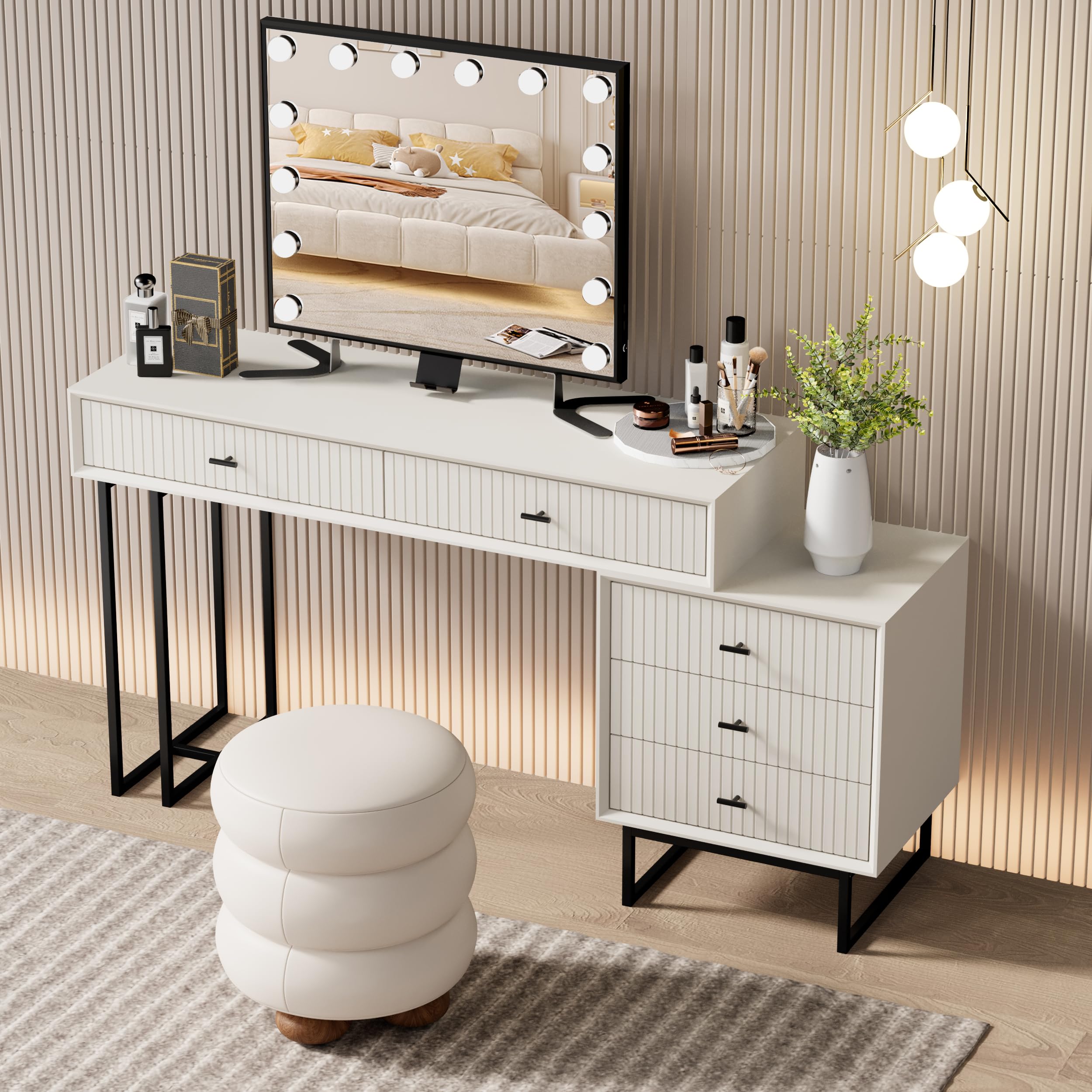 Anbuy White Makeup Vanity Desk with Black Mirror, Large Modern 5 Drawers Makeup Vanity Table Set with 3-Color Lights Mirror Dressing Table for Women Girls