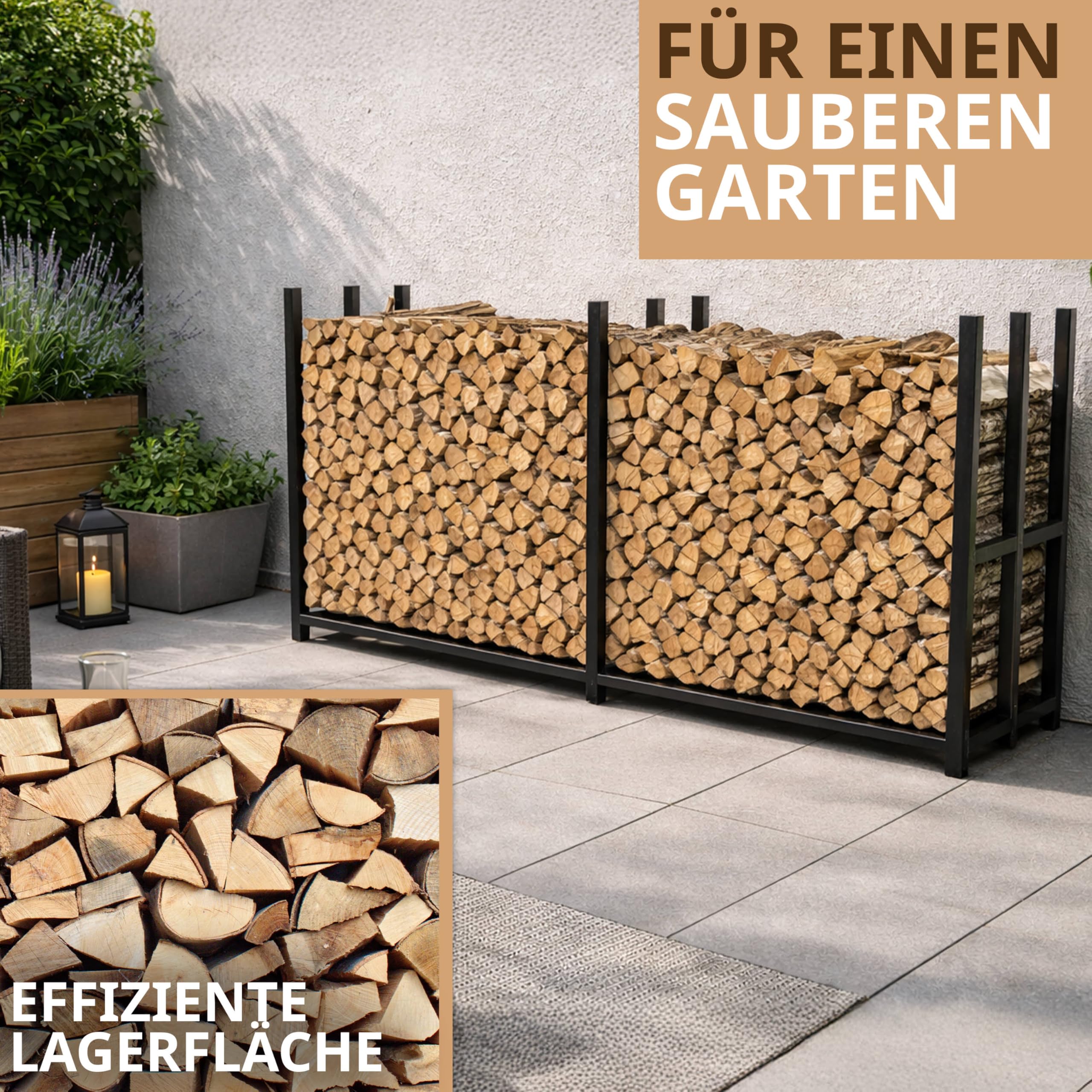 LAWA Kaminholzregal Metall verzinkt 223x50x115 cm schwarz | aussen, 61cm Abdeckplane, wetterfest, Feuerholzregal Garten, Stapelhilfe für Brennholz mit Abdeckung, 25cm I 30cm Holzscheite