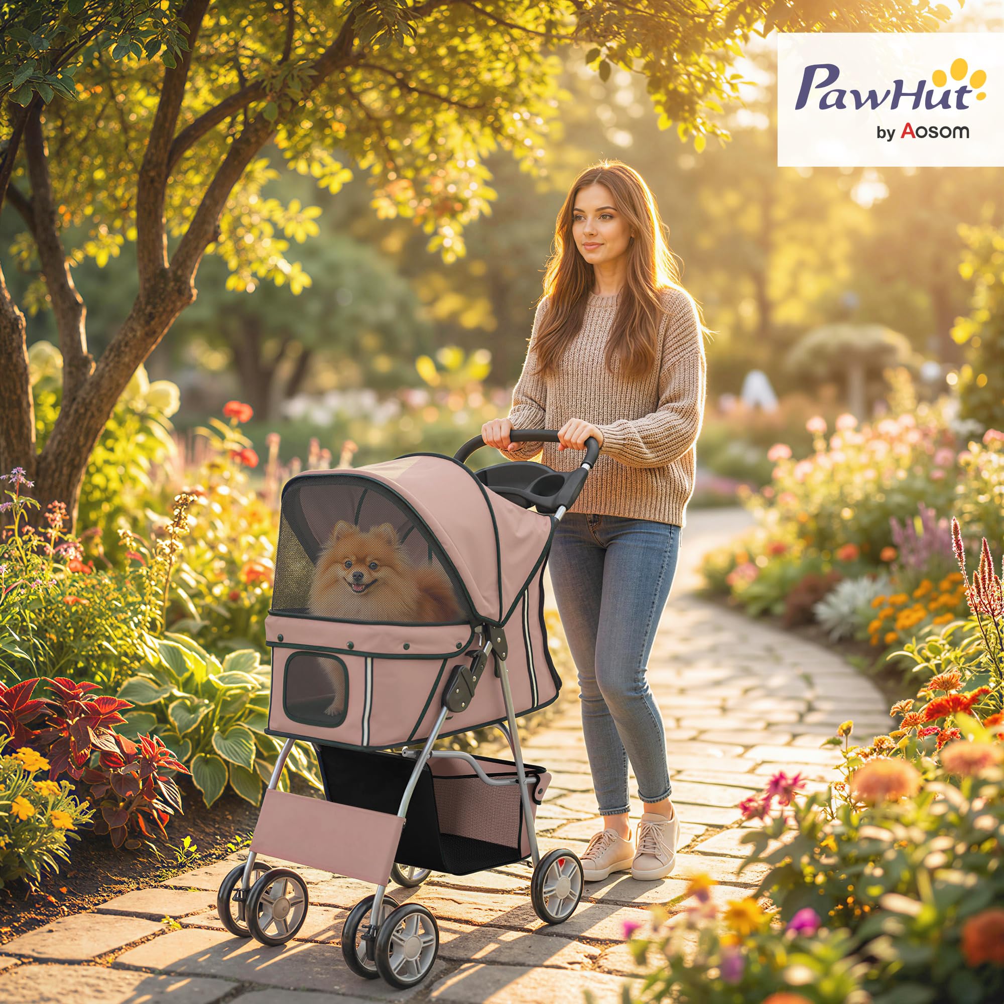 PawHut Poussette Buggy Pliable Animaux, Chariot Pliante Imperméable pour Chien et Chat, Toit Amovible Incluse, Porte-Gobelet, Panier de Rangement, Roues avec Frein, Tissu 600D Oxford, Acier, Café