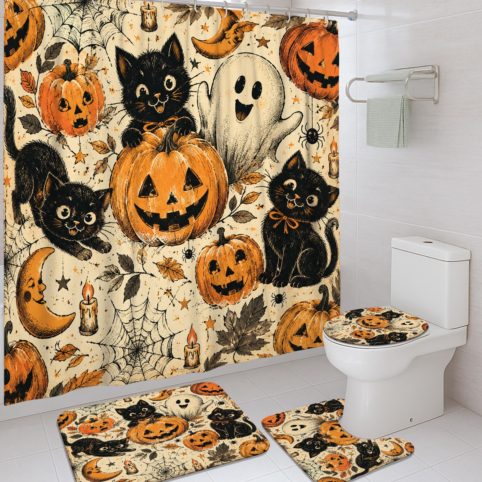 Rideau de douche Halloween chat fantôme noir 183x183 cm lavable