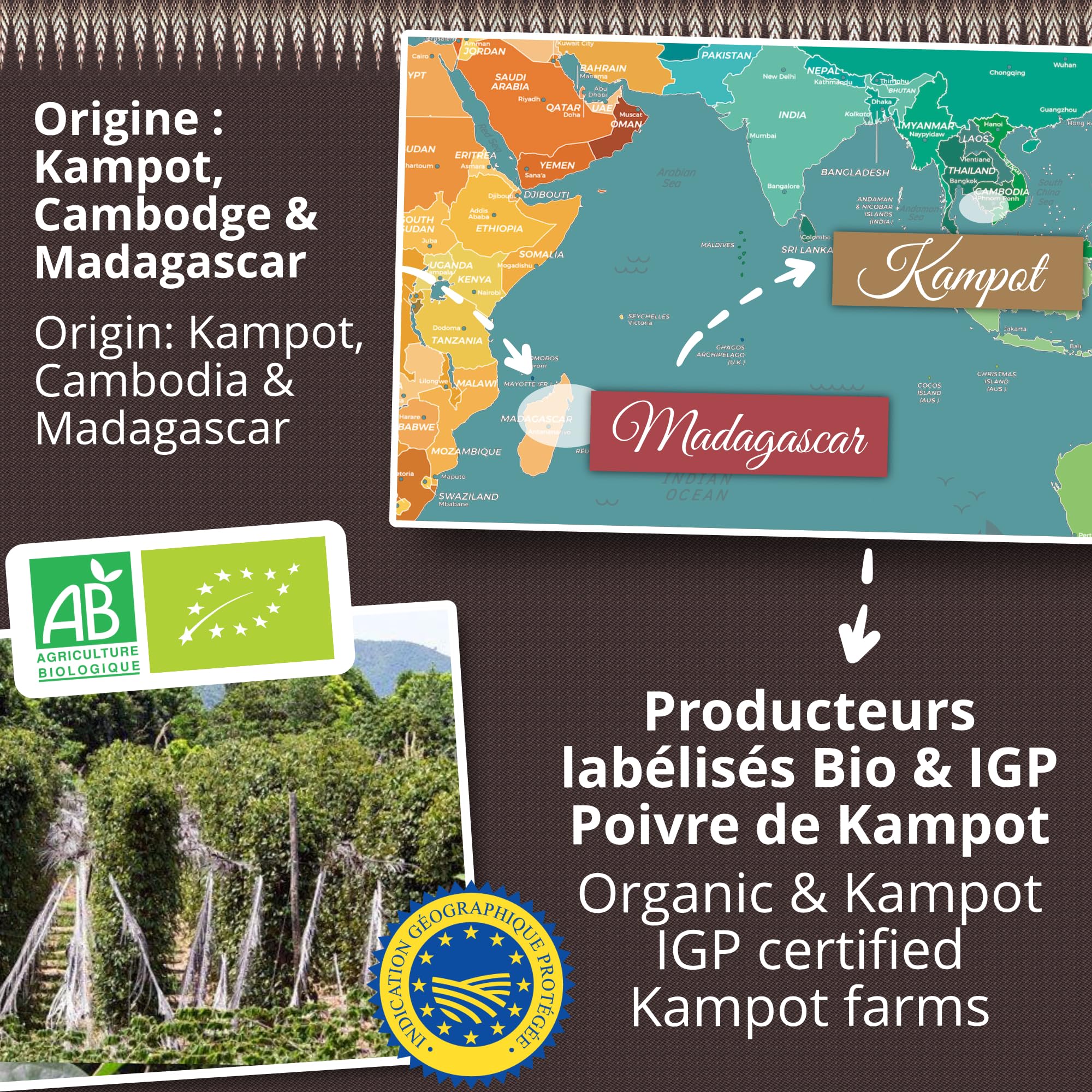 Khla - Bunter Pfeffer Ganz Bio 500g - Schwarzer, Weißer & Rosa Pfeffer - Bunt Kampot Pfefferkörner - Premium Qualität - Limitierte Produktion - Direkt vom Erzeuger - Aus Kambodscha & Madagaskar