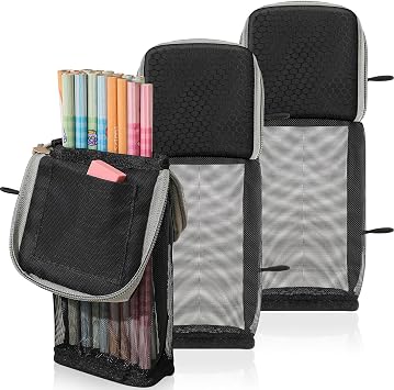 3 Pcs Standing Pencil Pouches 3 Ring Binder Accessories Sit and Lay Mesh View Design with Side Elastic Rings, Internal Pocket and Transparent Compartment Pencil Case Gift for Christmas Office College