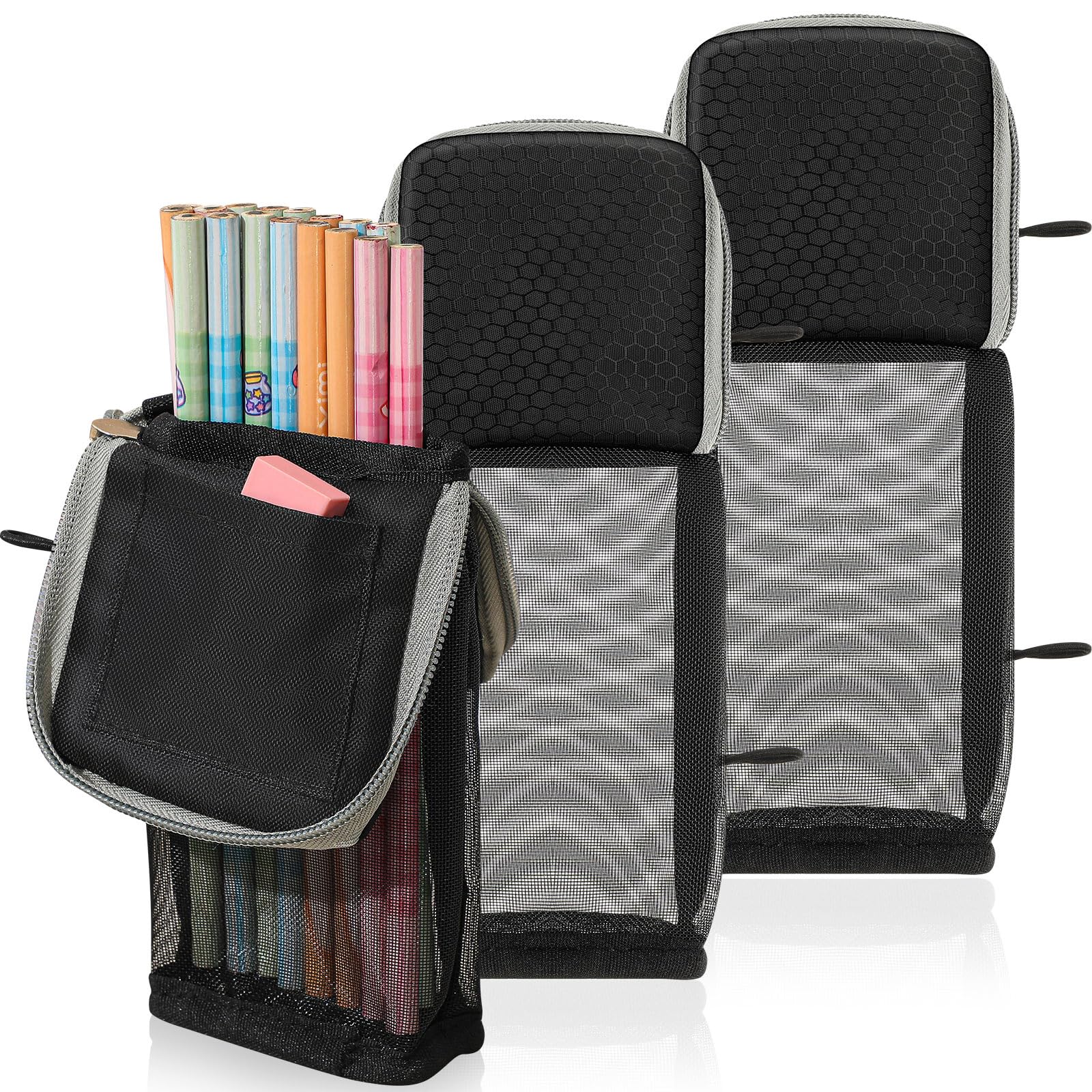 3 Pcs Standing Pencil Pouches 3 Ring Binder Accessories Sit and Lay Mesh View Design with Side Elastic Rings, Internal Pocket and Transparent