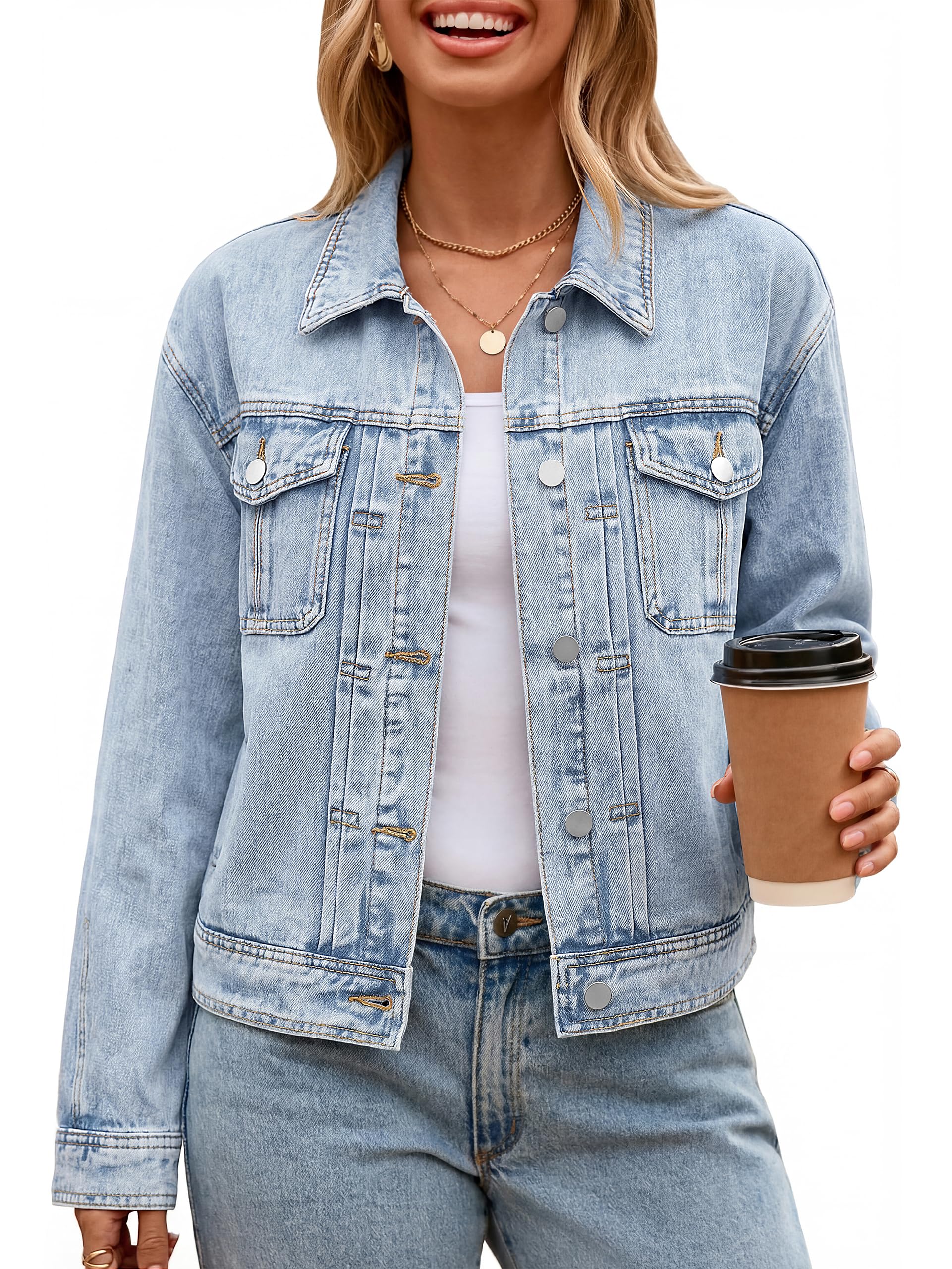 Glamaker Womens Jean Jacket 2026 Casual Basic Trendy Button Down Long Sleeve denim Jacket Coat With Pockets